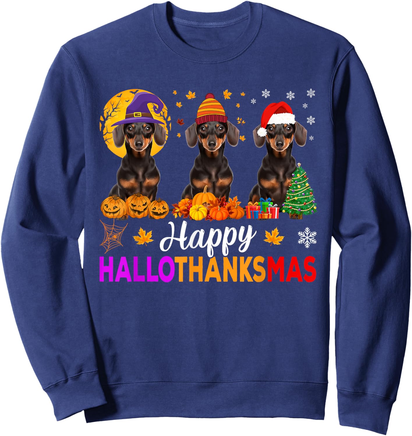 Dachshund Dog Halloween Christmas Hallothanksmas Women Kids Sweatshirt - Sweatshirt | Navy