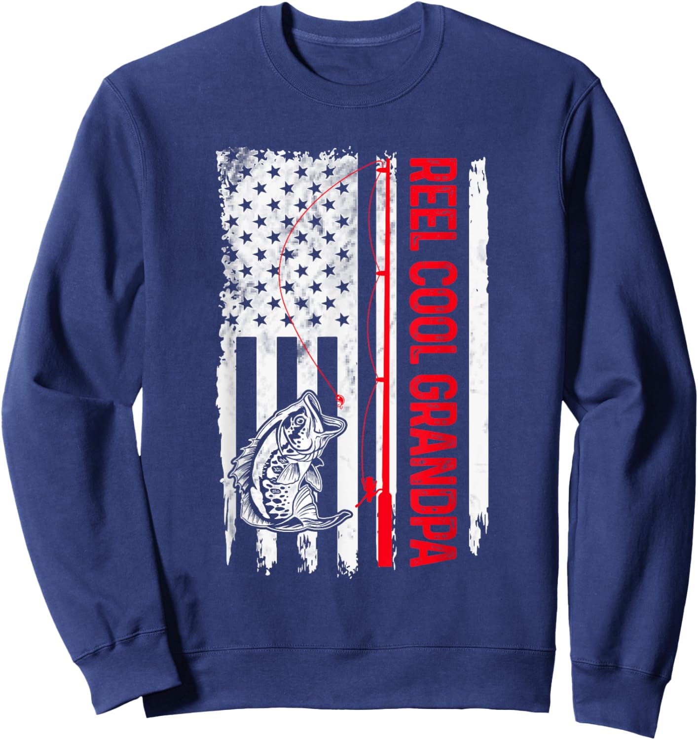 Reel Cool Grandpa Fishing American Flag Funny Papa Dad Sweatshirt - Sweatshirt | Navy
