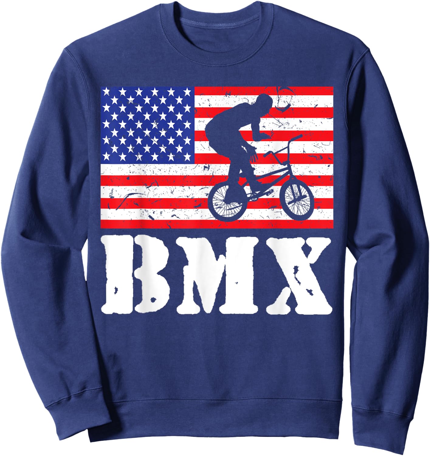 Distressed BMX Riding USA American Flag Vintage Bike Rider Women Kids Men Sweatshirt - Sweatshirt | Navy