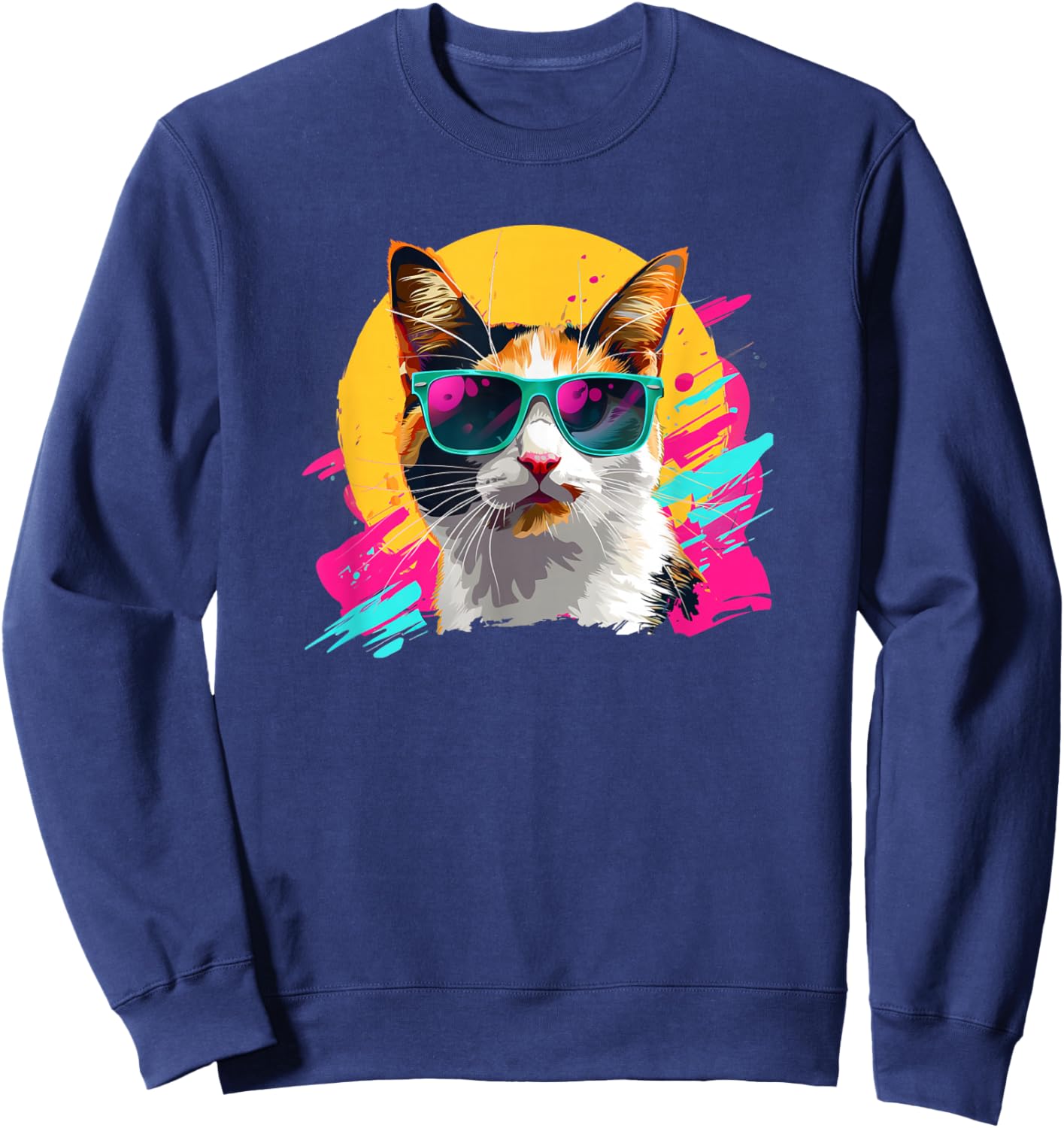 Retro Vintage 80s Sunglasses Calico Cat Lover Sweatshirt - Sweatshirt | Navy
