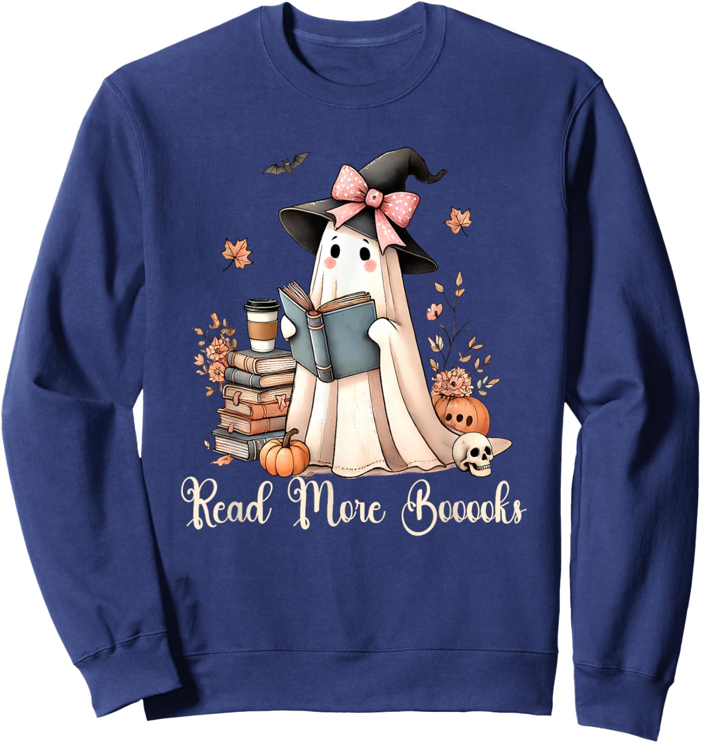 Ghost Reading Book Coquette Bow Halloween Girl Kid Teacher Sweatshirt - Sweatshirt | Navy