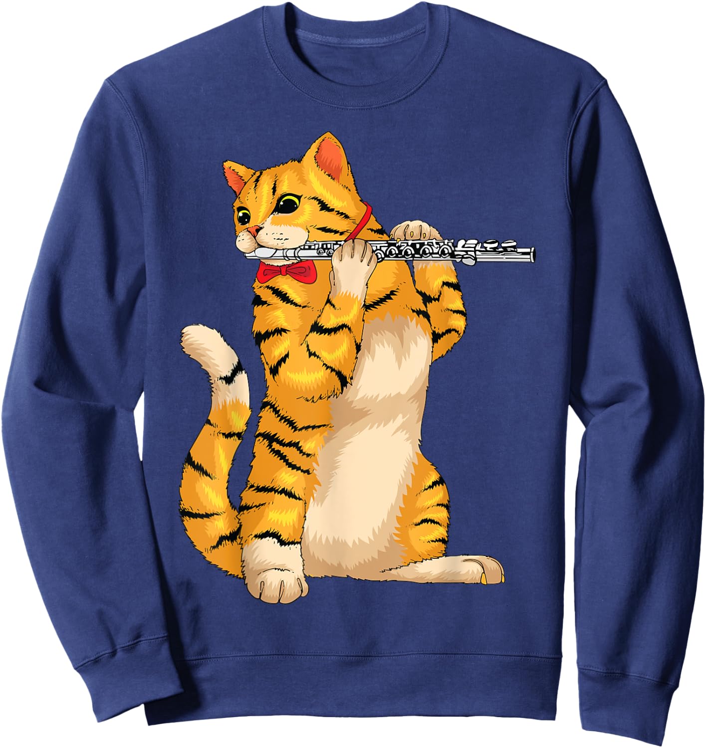 Funny Cat Playing Flute | Cool Animal Musician Fluter Gift Sweatshirt - Sweatshirt | Navy