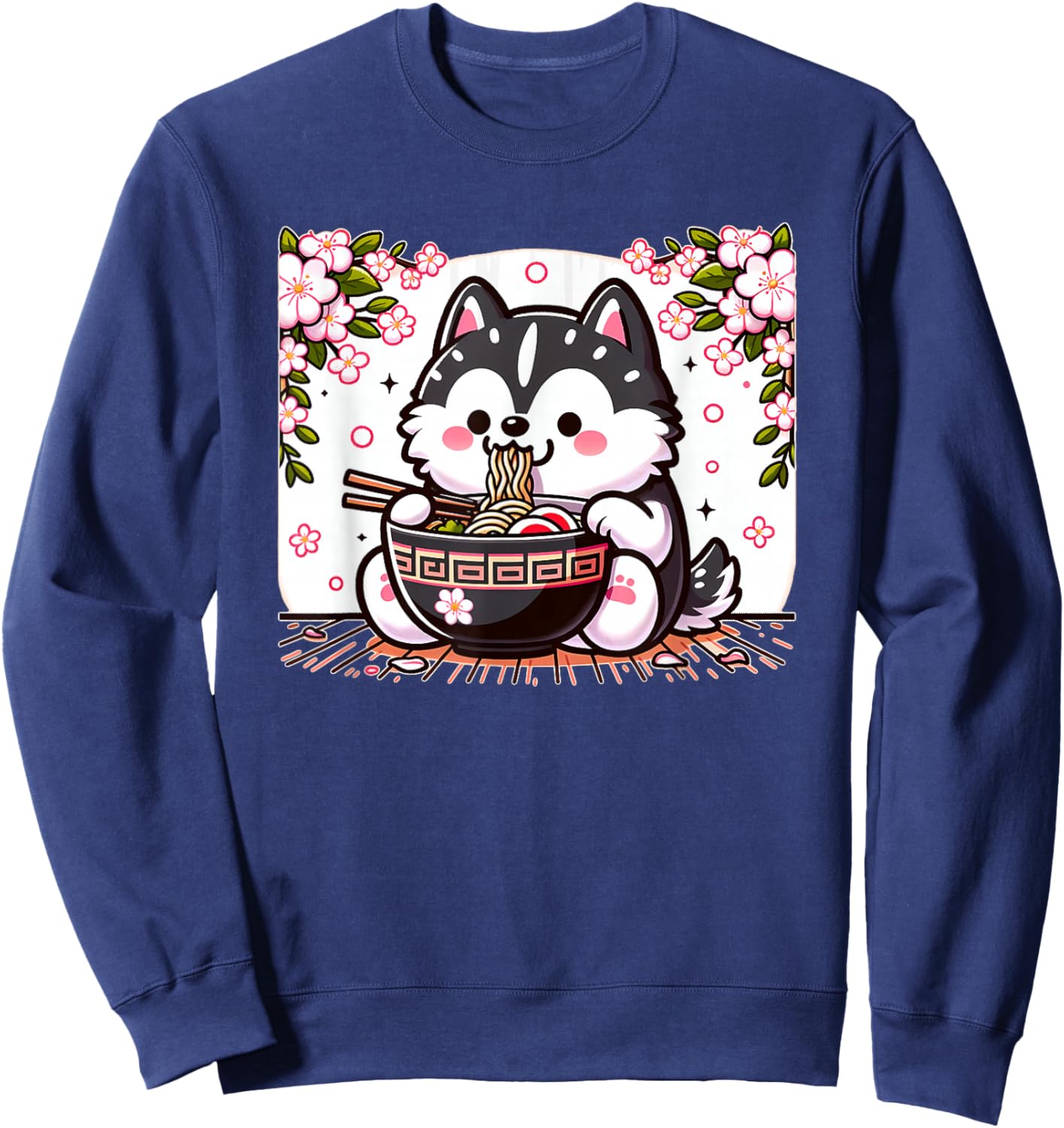 Kawaii Husky dog Eating Ramen Sweatshirt - Sweatshirt | Navy