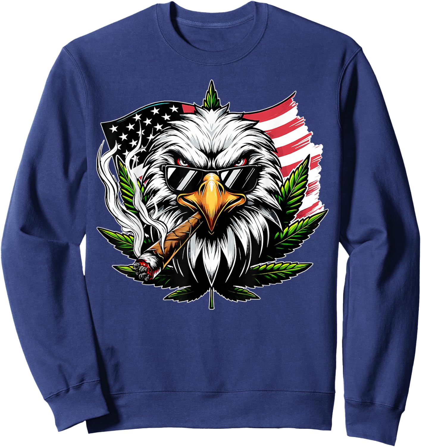 Eagle Smoking Marijuana Us Flag 4th Of July Cannabis Leaf Sweatshirt - Sweatshirt | Navy