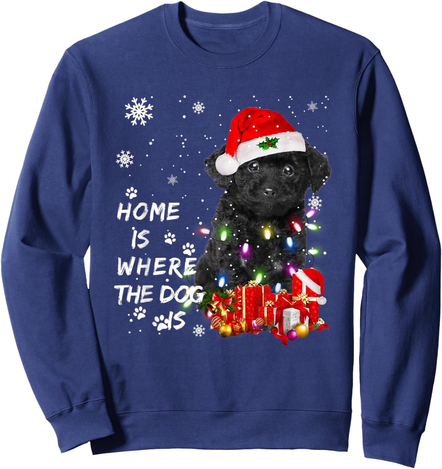 Black Poodle dog Santa Christmas Tree Lights Xmas Boys Dog Sweatshirt - Sweatshirt | Navy