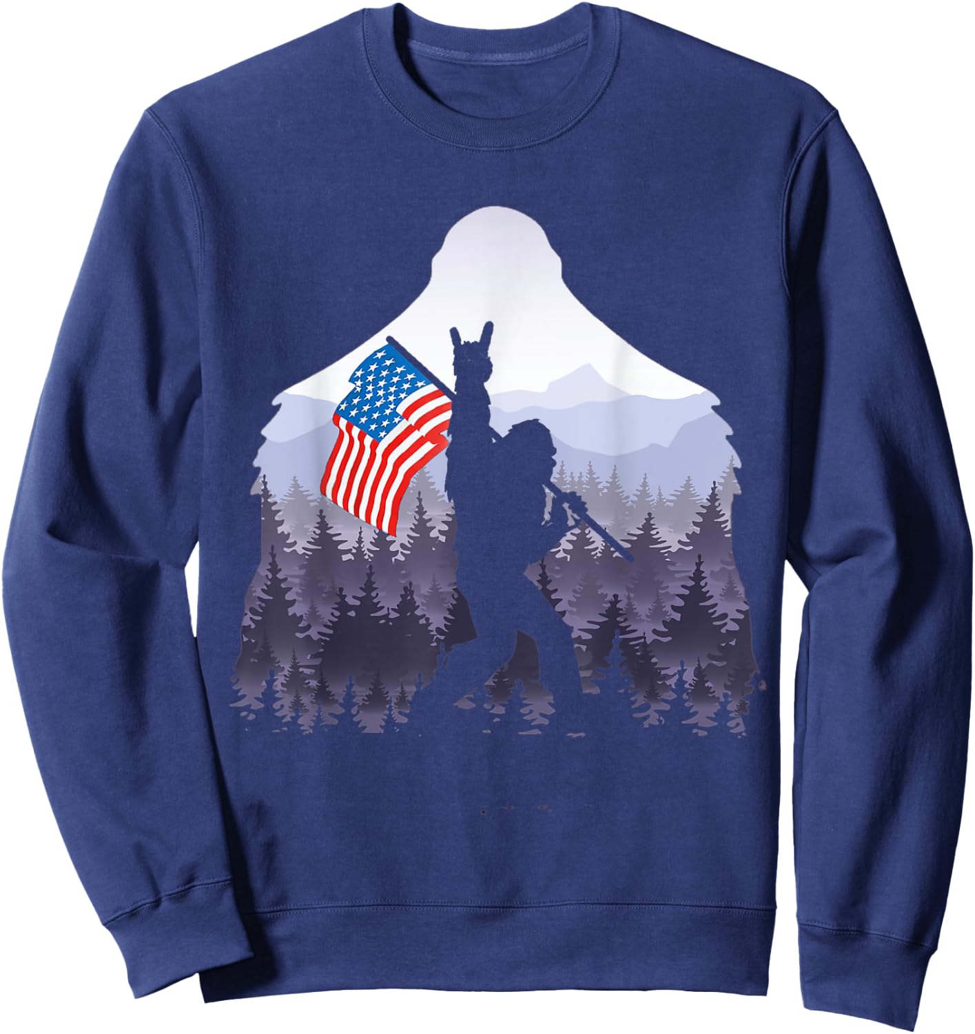 USA flag Bigfoot Victorty sign Peace in the forest camping Women Men Sweatshirt - Sweatshirt | Navy