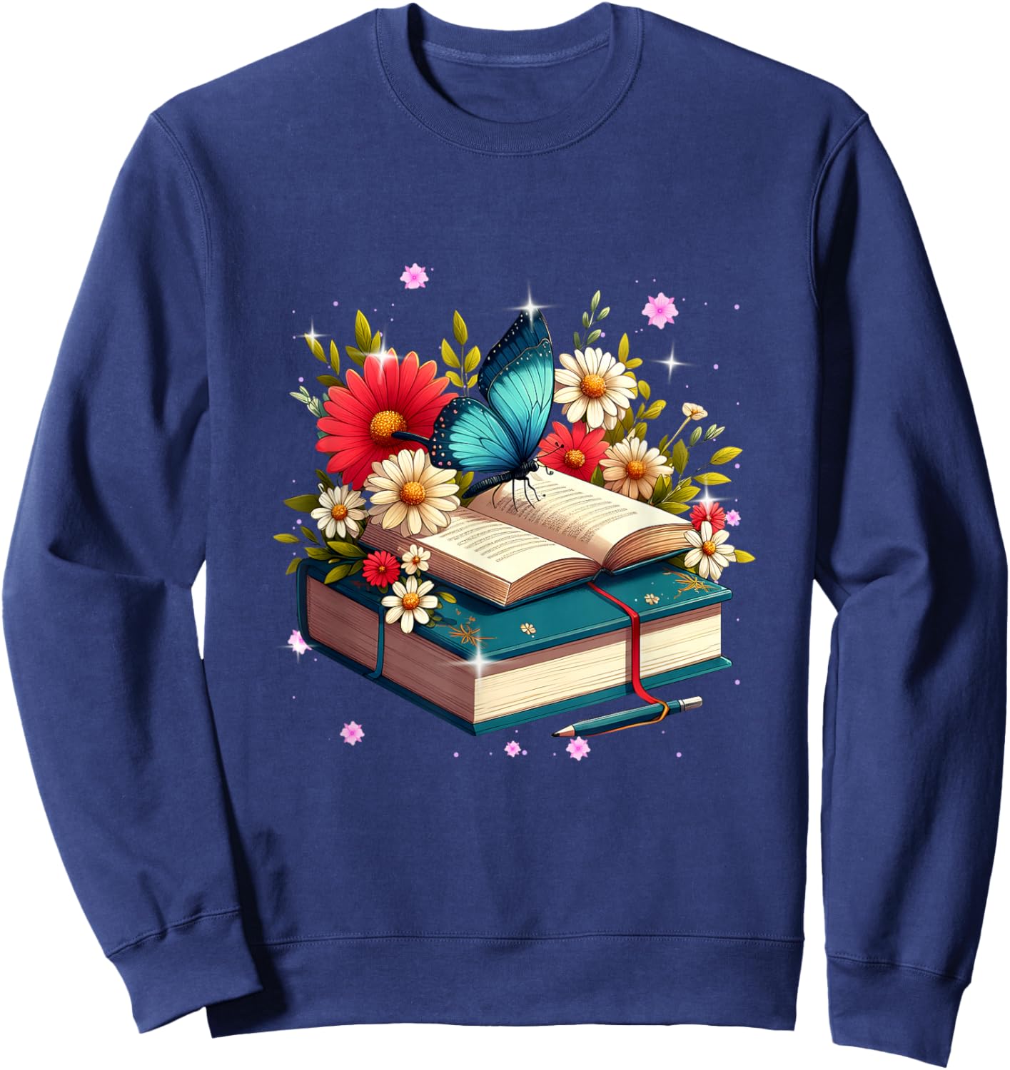 Book Flowers and Butterfly Beautiful Reading Reader Sweatshirt - Sweatshirt | Navy
