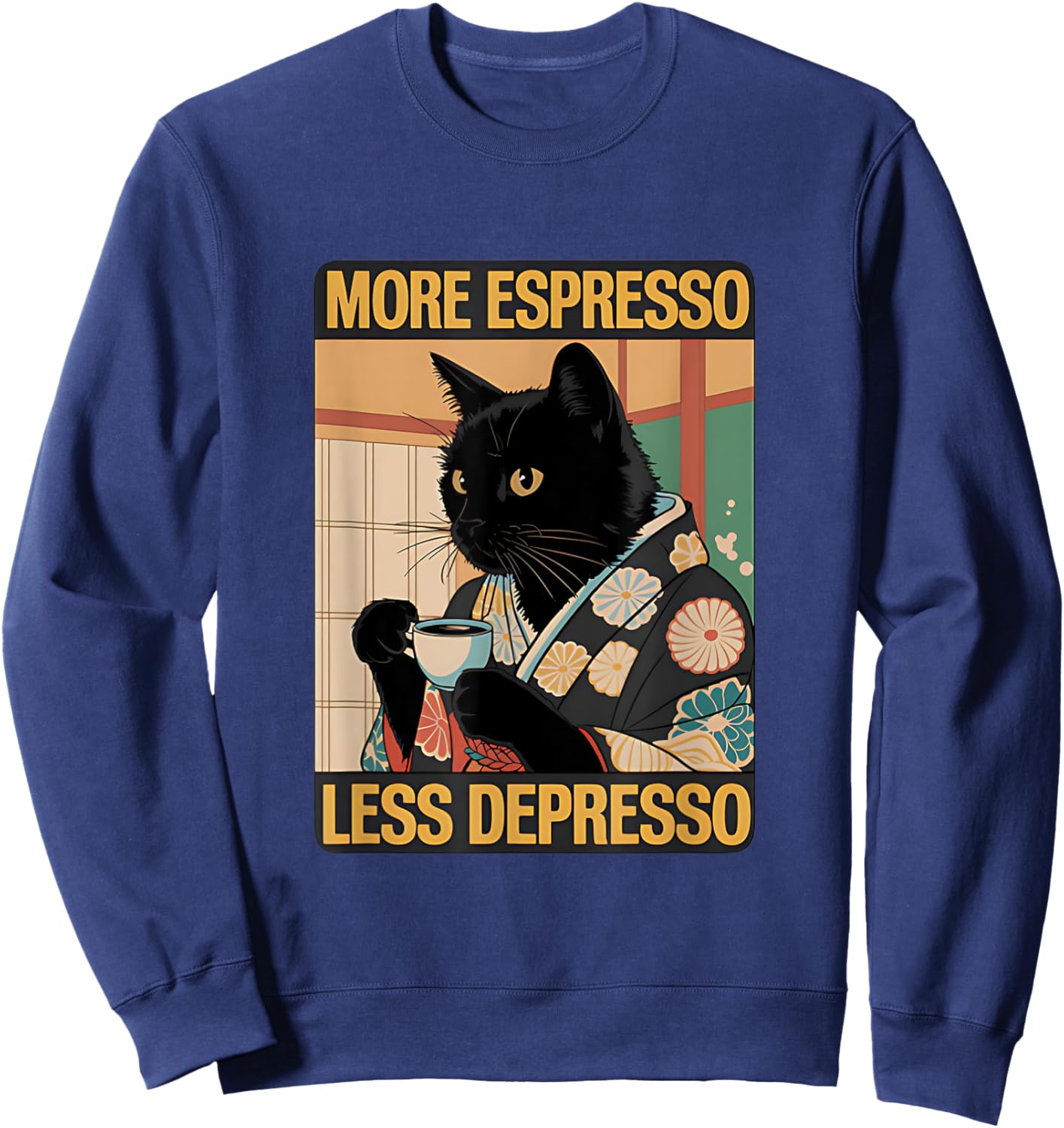 More Espresso Less Depresso Japanese Funny Cat Sweatshirt - Sweatshirt | Navy