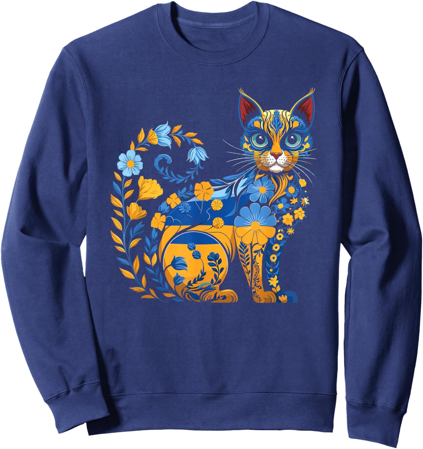 Ukrainian Flag Vintage Ukrainian Style Vyshyvanka Ukrainian Cat Pattern , Black, S Sweatshirt - Sweatshirt | Navy