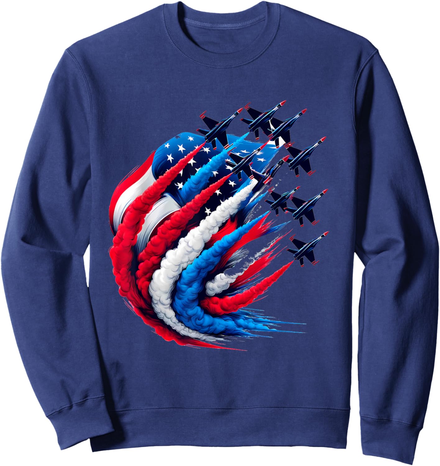 Red White and Blue Aviation Fighter Jet Smoke American Flag Women Men Sweatshirt - Sweatshirt | Navy