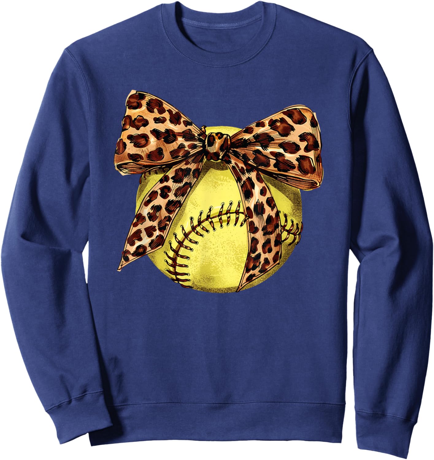 Girls Softball Leopard Animal Print Bow Ribbon Mom Daughter Sweatshirt - Sweatshirt | Navy
