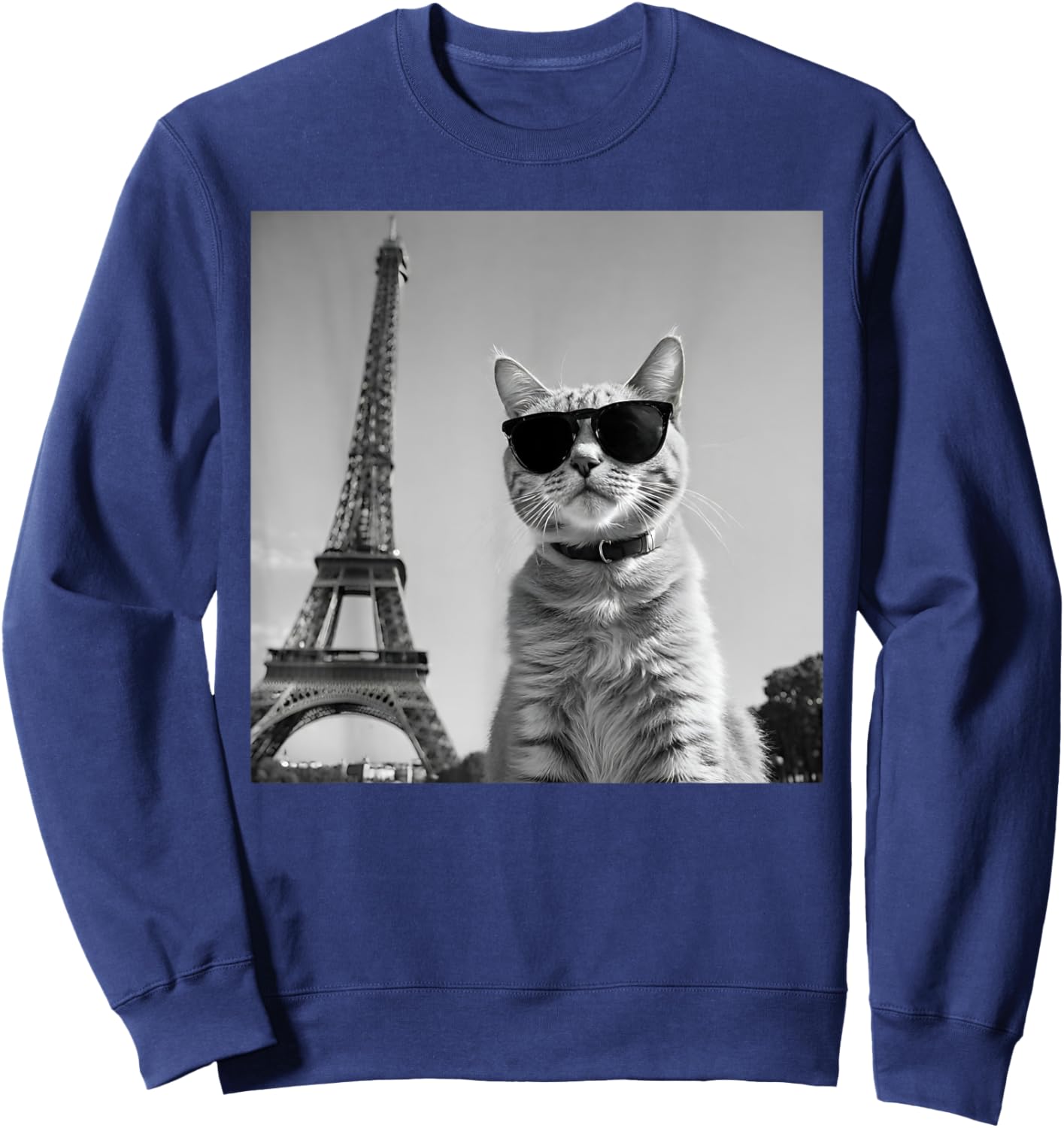 Funny French Cat Wearing Sunglasses And Paris Eiffel Tower Sweatshirt - Sweatshirt | Navy