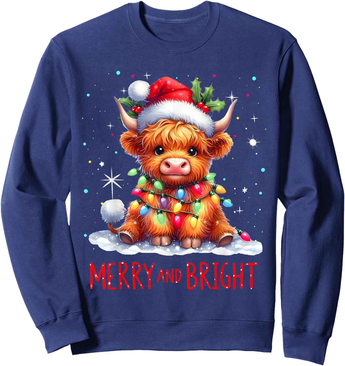 Cute Highland Baby Cow Christmas Lights Merry & Bright Xmas Sweatshirt - Sweatshirt | Navy