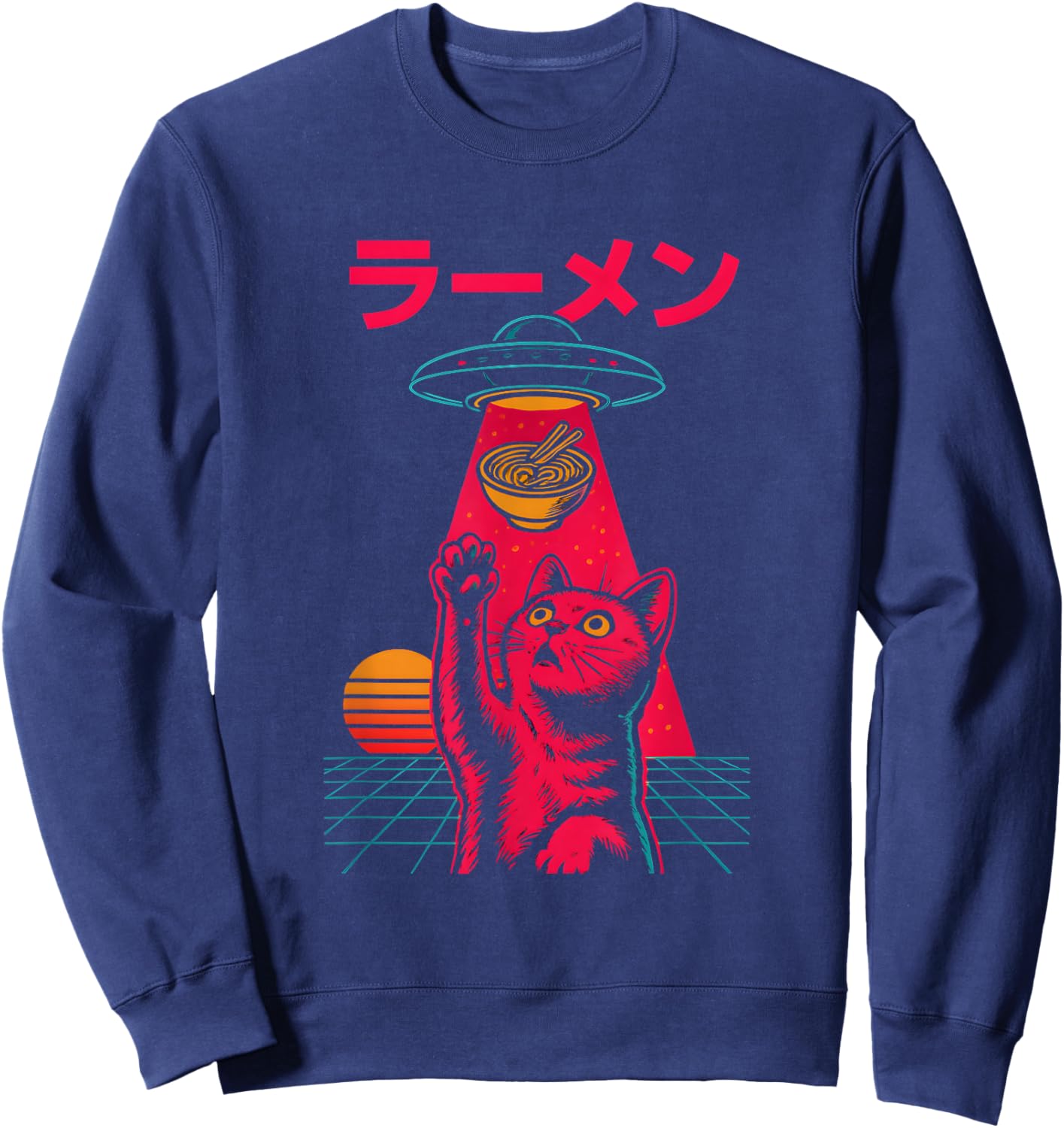 Cat Ramen Alien Abduction Vintage Japanese Retro UFO Graphic Sweatshirt - Sweatshirt | Navy
