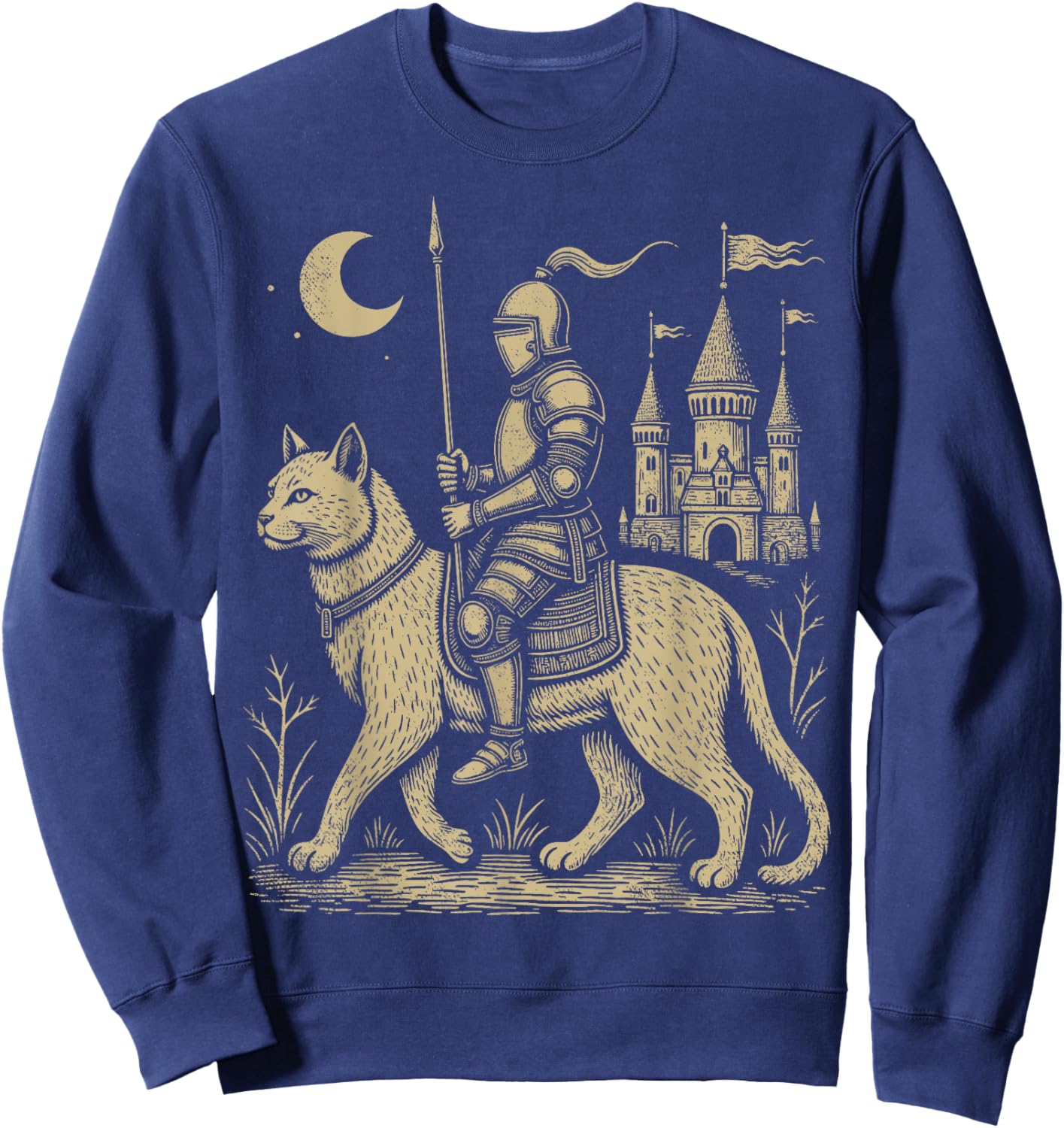 Weird Medieval Cat Middle Ages Armored Knight Riding Cat Sweatshirt - Sweatshirt | Navy