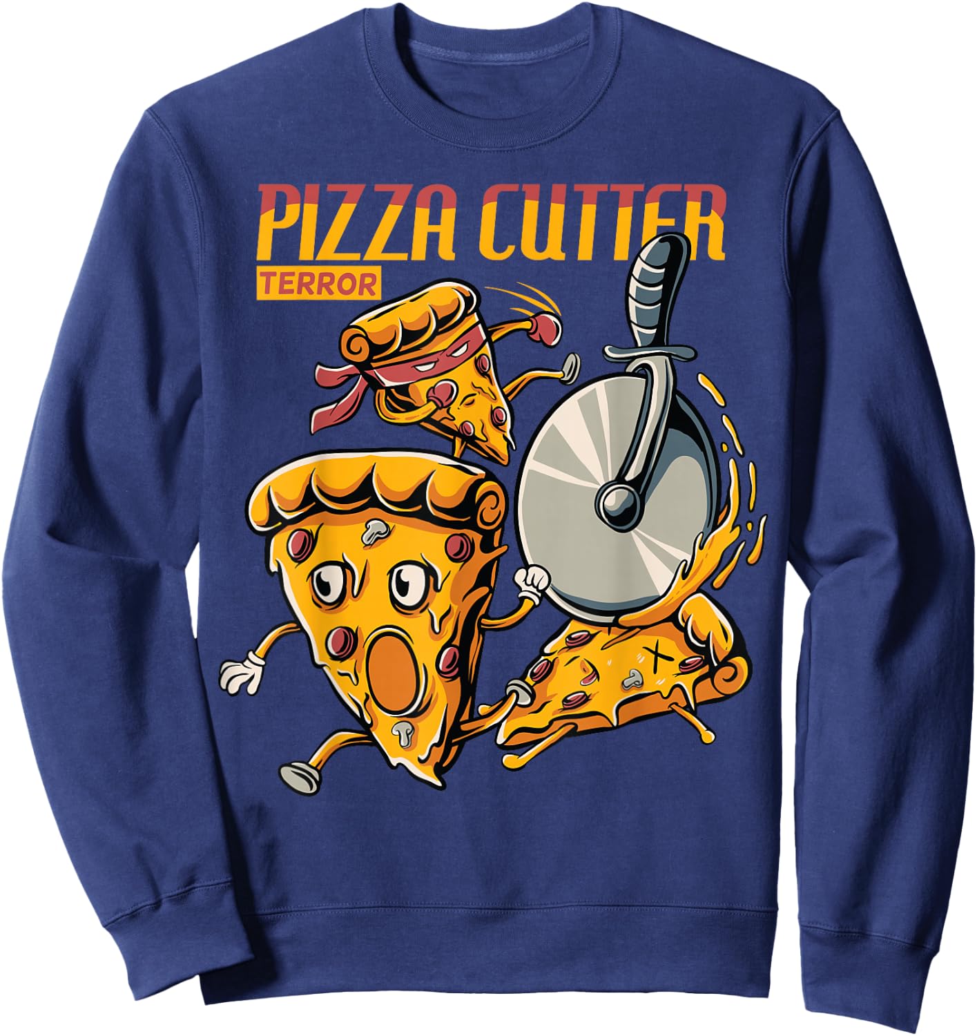 funny pizza slice chased by cutter wheel Gift lover food Sweatshirt - Sweatshirt | Navy