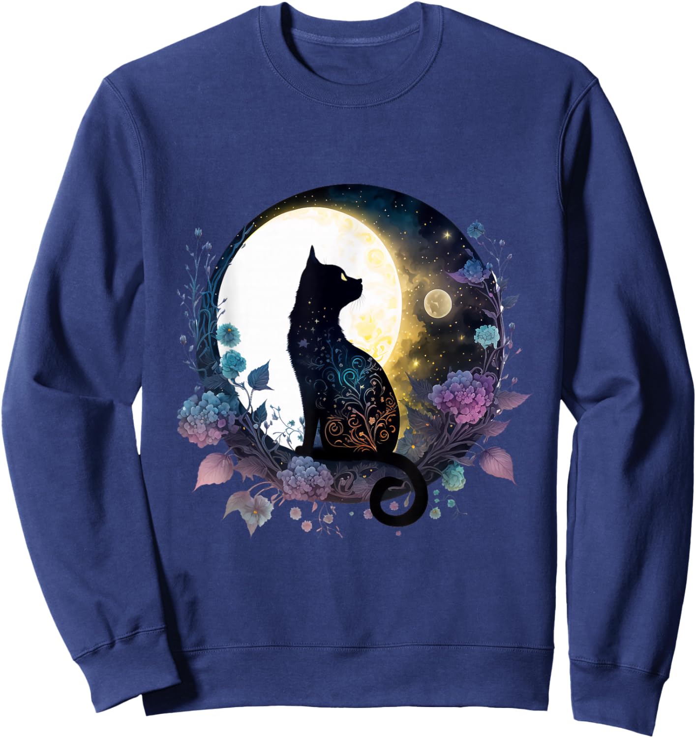 Moonlit Black Cat – Lunar Floral Night Cat Sweatshirt - Sweatshirt | Navy
