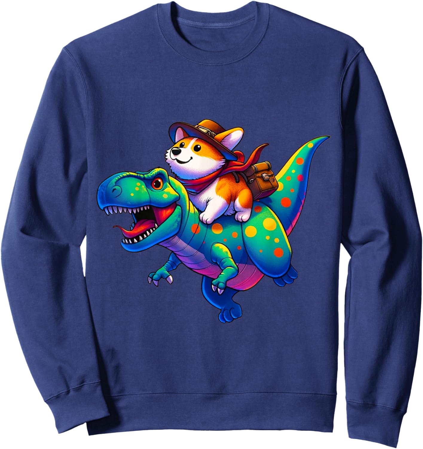 Corgi Riding Dinosaur T rex Boys Girls Sweatshirt - Sweatshirt | Navy