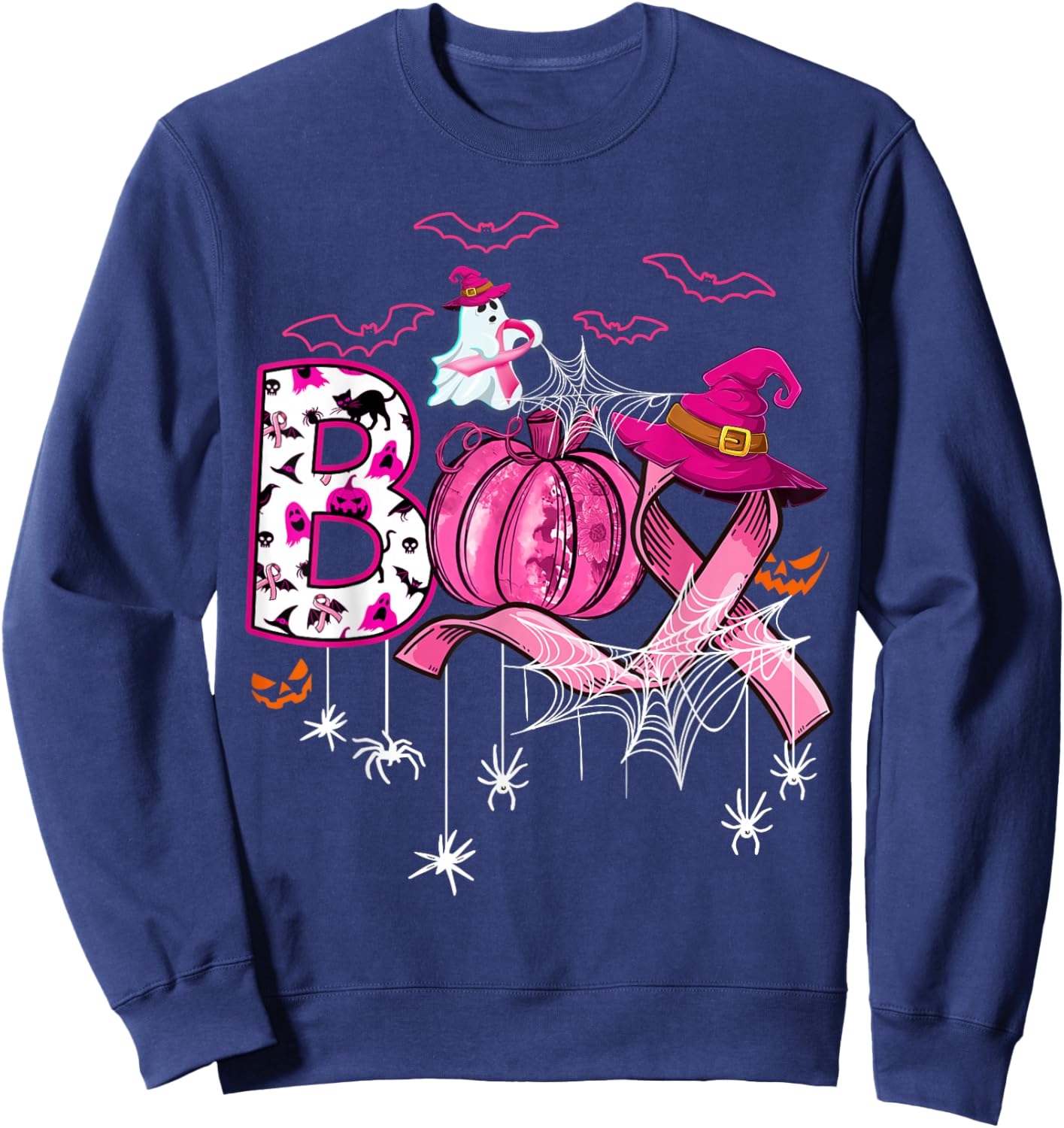 Boo Halloween Pumpkin Pink Ribbon Witch Breast Cancer Sweatshirt - Sweatshirt | Navy