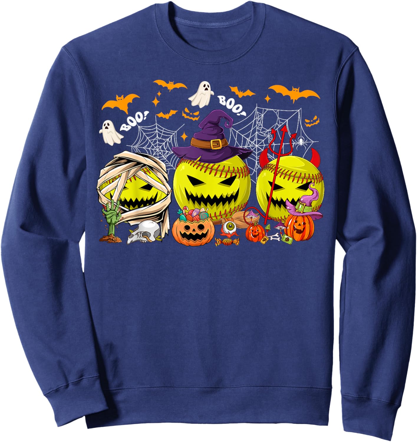 Funny Mummy Witch Devil Softball Balls Happy Halloween Day Sweatshirt - Sweatshirt | Navy