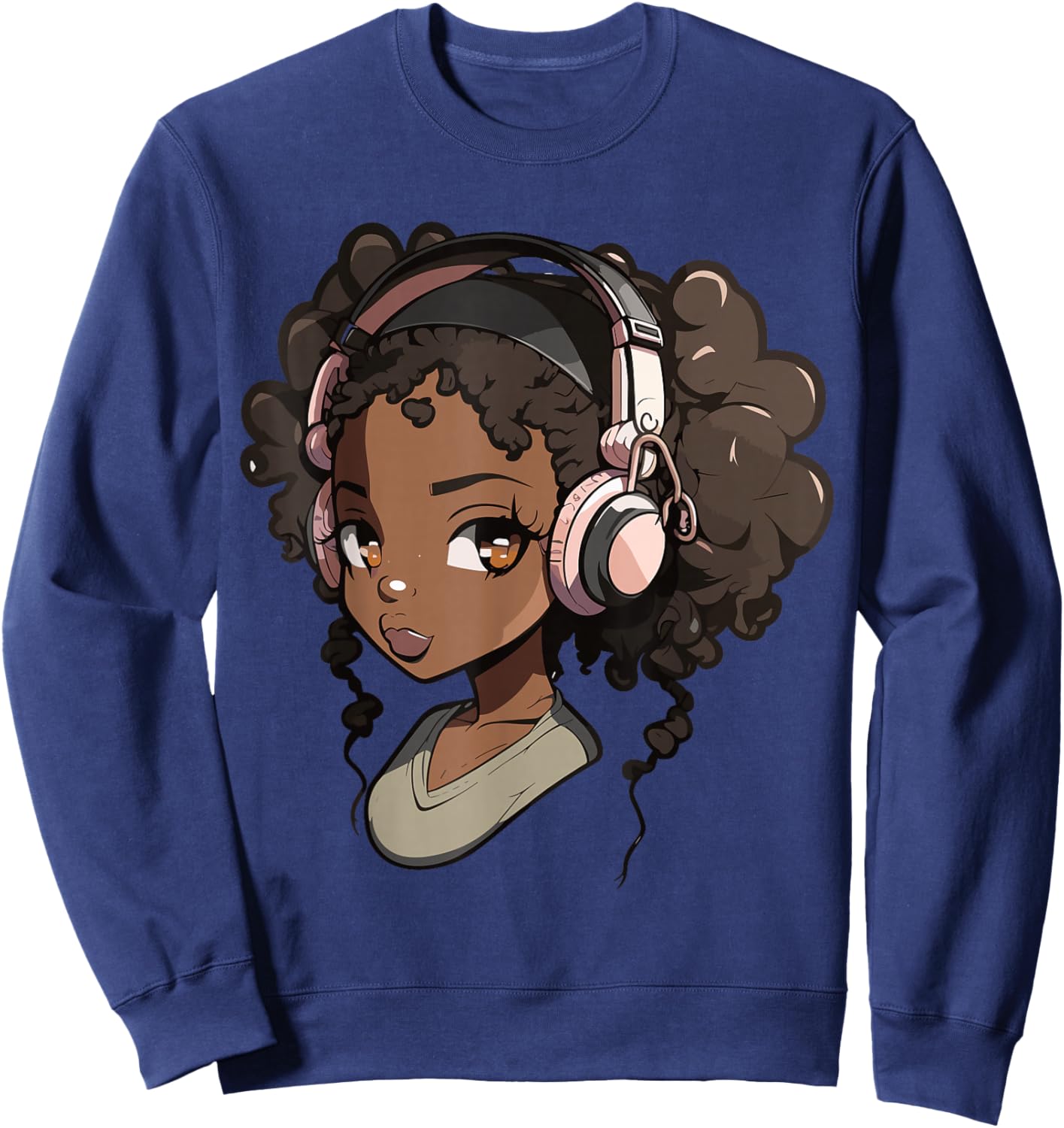 Anime and Music Black Girl Anime Merch Afro African American Sweatshirt - Sweatshirt | Navy