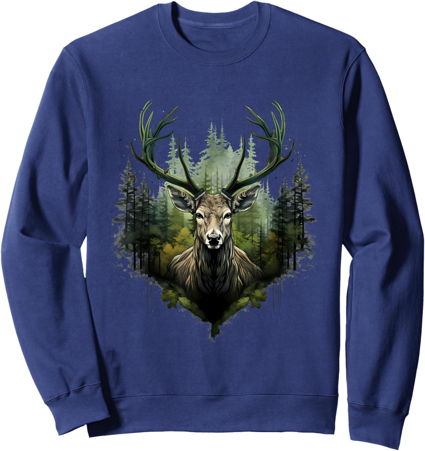 Deer Portrait Forest Motif Artwork Animal Lovers Wildlife Sweatshirt - Sweatshirt | Navy
