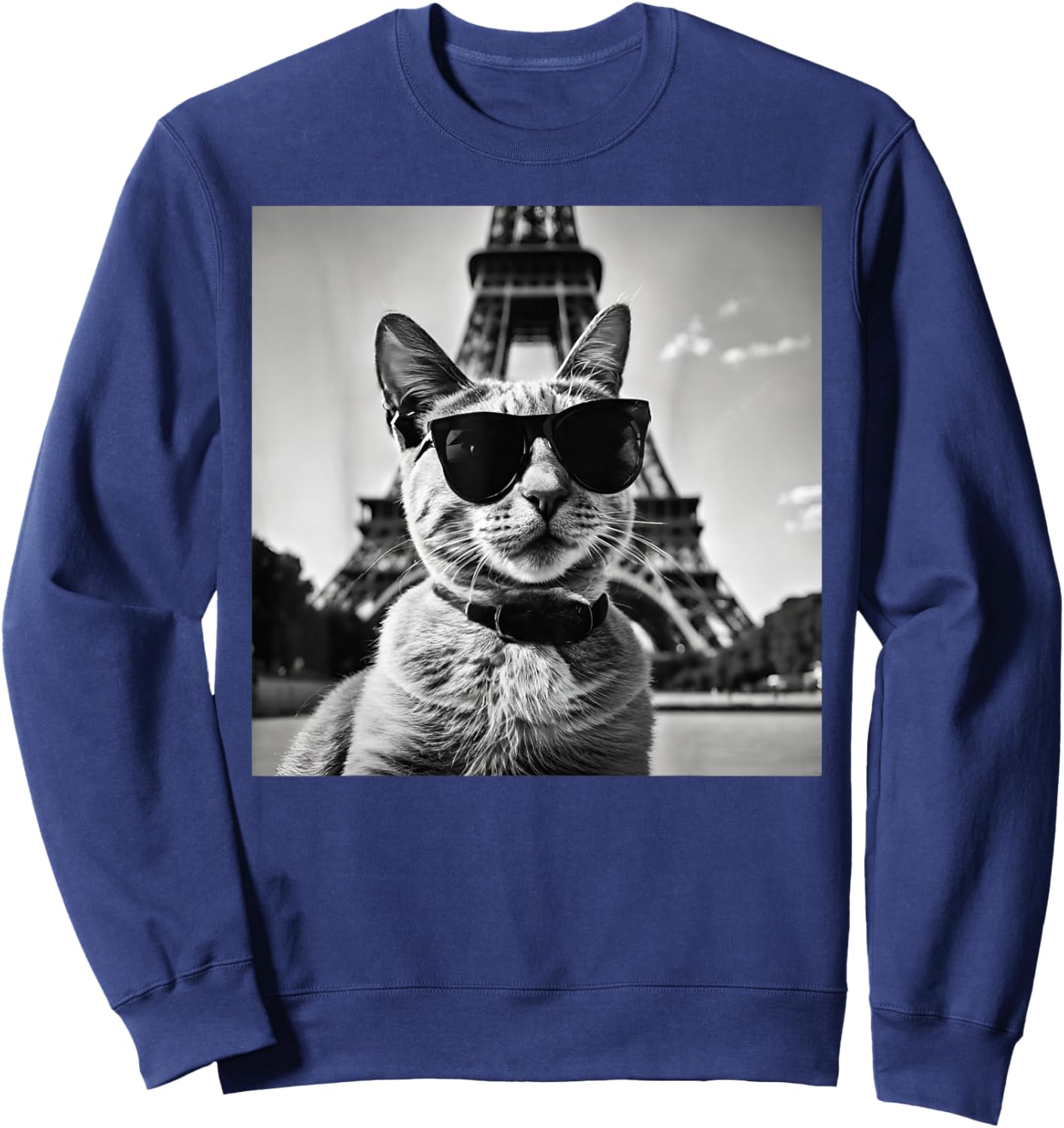 Funny French Cat Wearing Sunglasses and Paris Eiffel Tower Sweatshirt - Sweatshirt | Navy