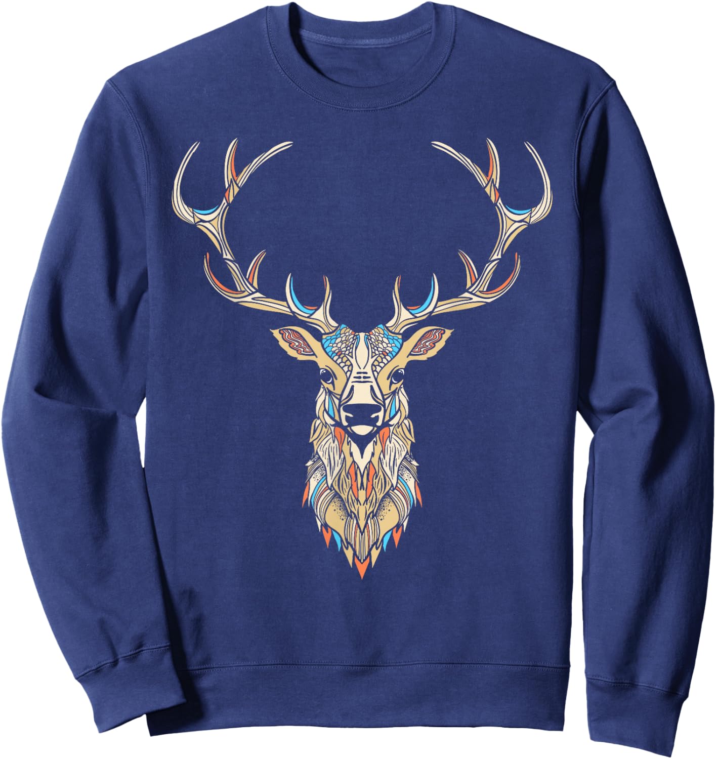Elk Head/Face Artistic Illustration Graphic Sweatshirt - Sweatshirt | Navy