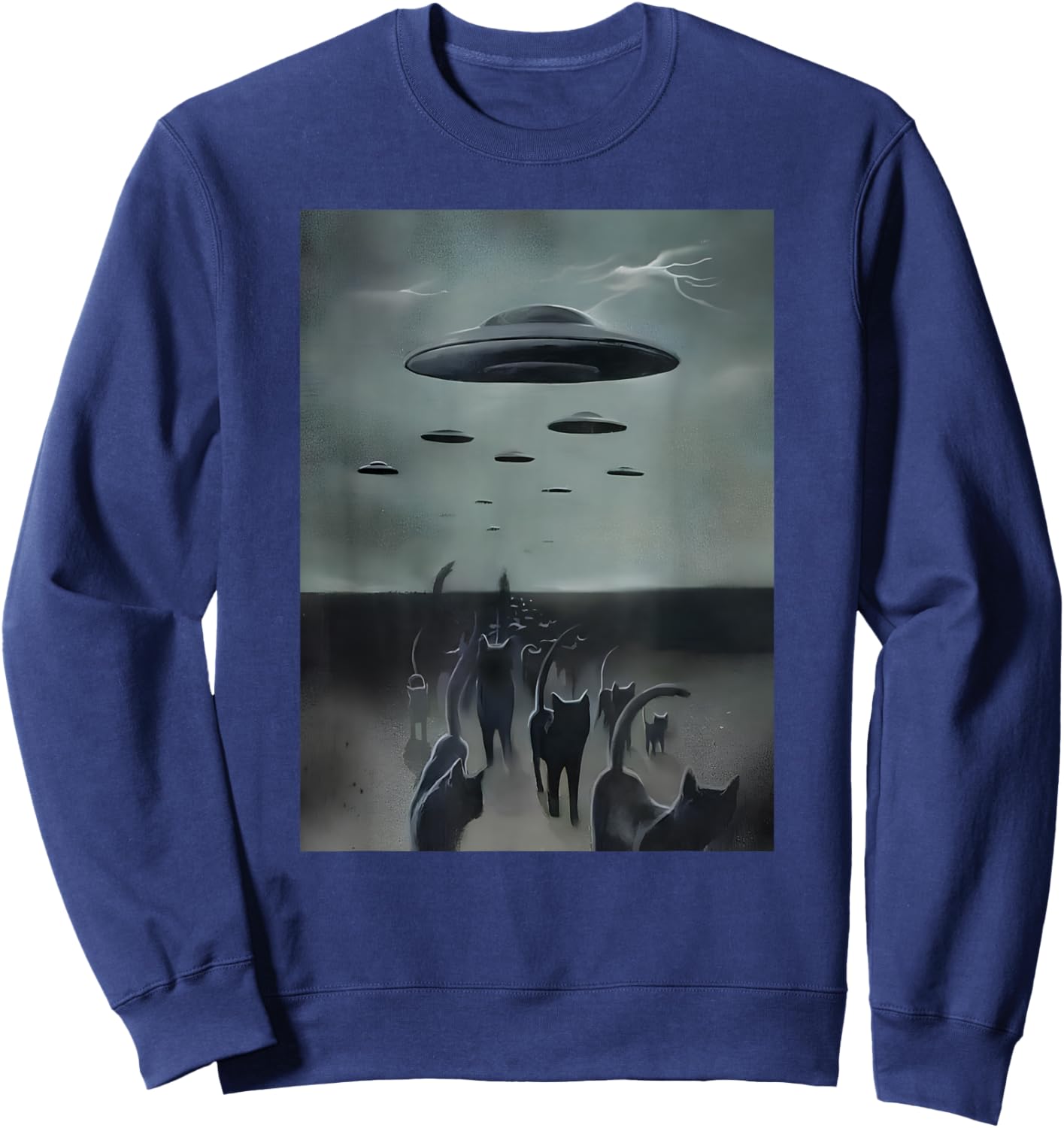 Cats Invasion With Alien UFO Funny Cats Women Kid , Small, Black Sweatshirt - Sweatshirt | Navy