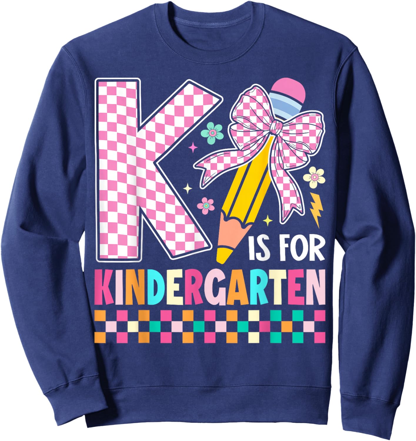 K is for Kindergarten Back to School Pencil Bow Retro Sweatshirt - Sweatshirt | Navy