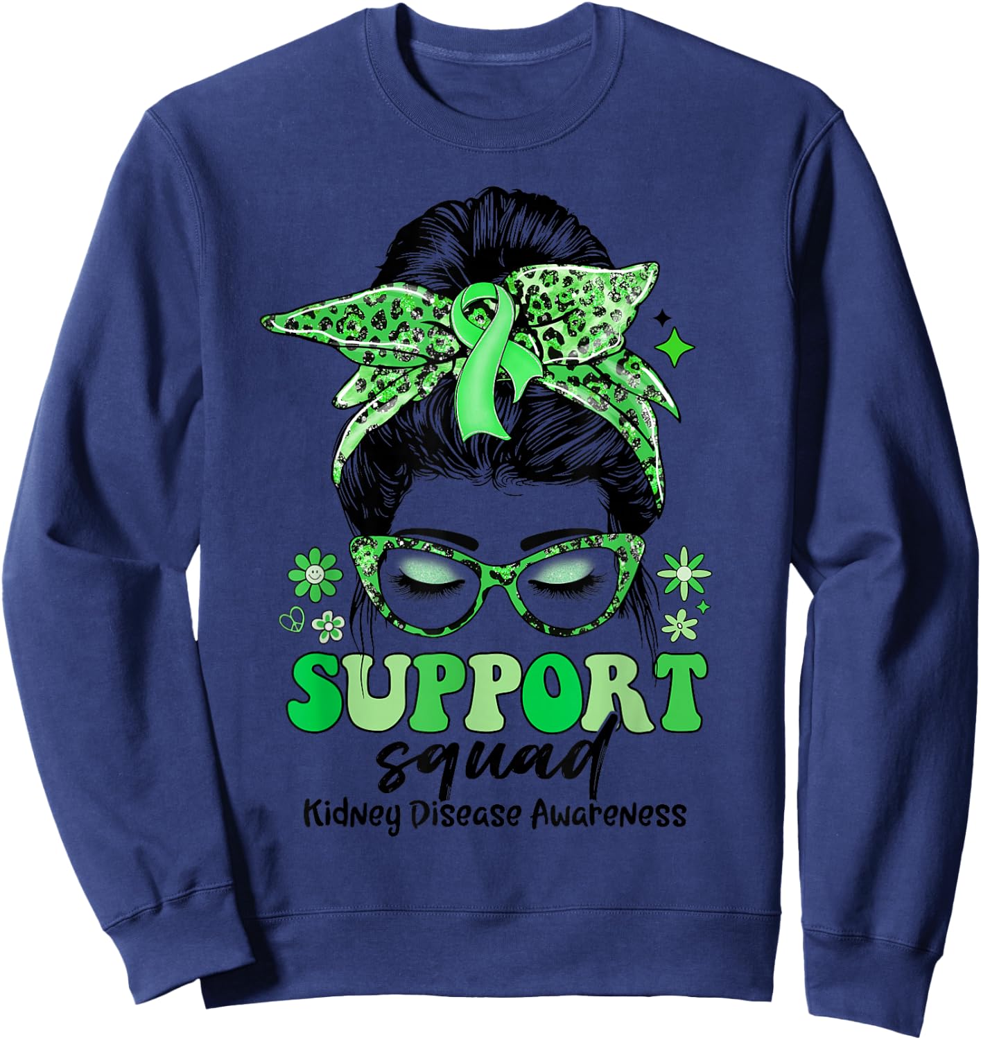Groovy Support Squad Messy Bun Women Kidney Disease Sweatshirt - Sweatshirt | Navy