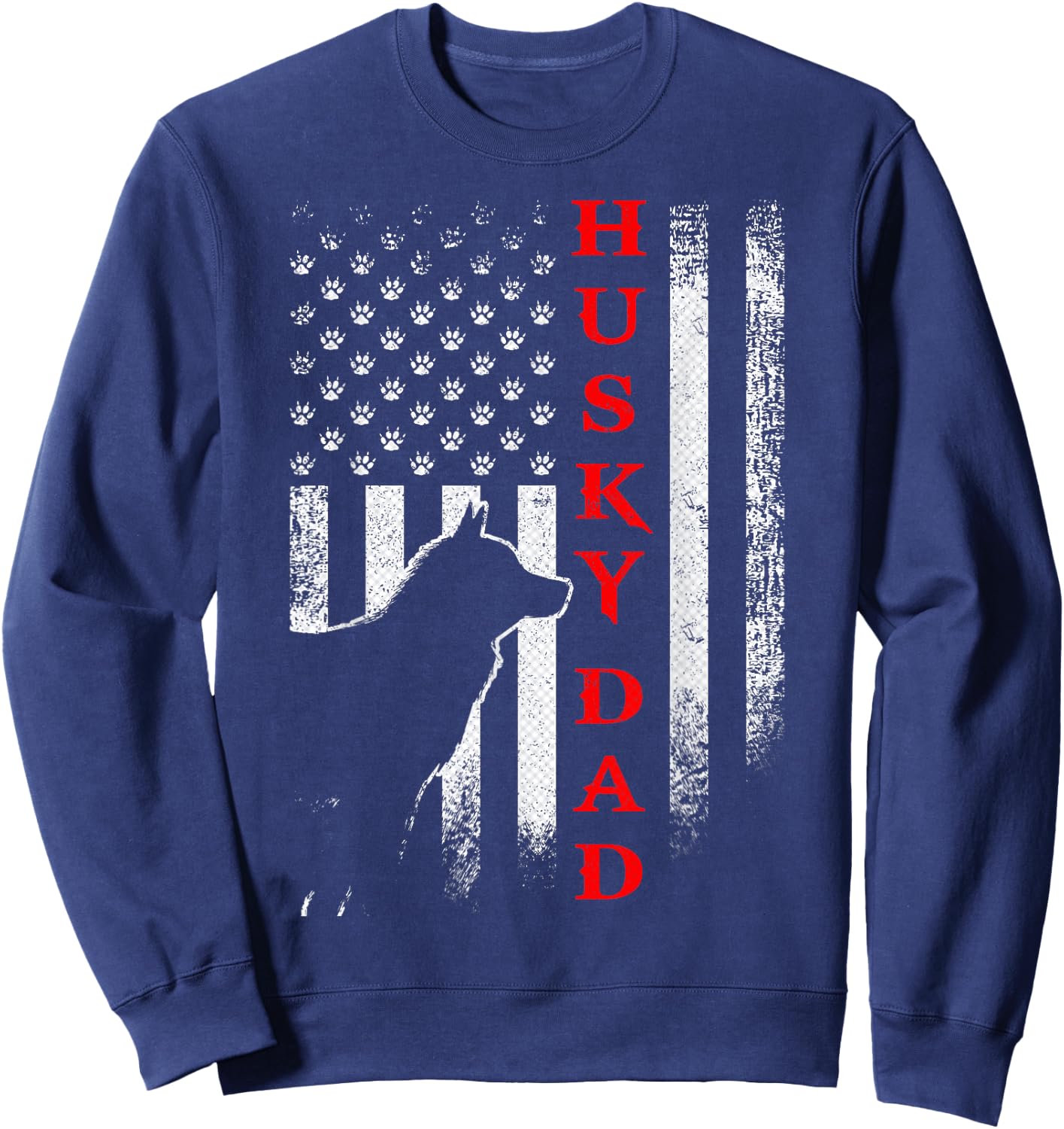 Vintage USA American Flag Siberian Husky Dog Dad Silhouette Women Men Sweatshirt - Sweatshirt | Navy