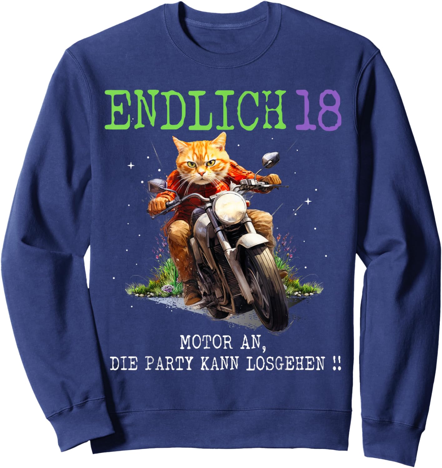 Endlich 18, Katze auf Motorrad, 18. Geburtstag Sweatshirt - Sweatshirt | Navy