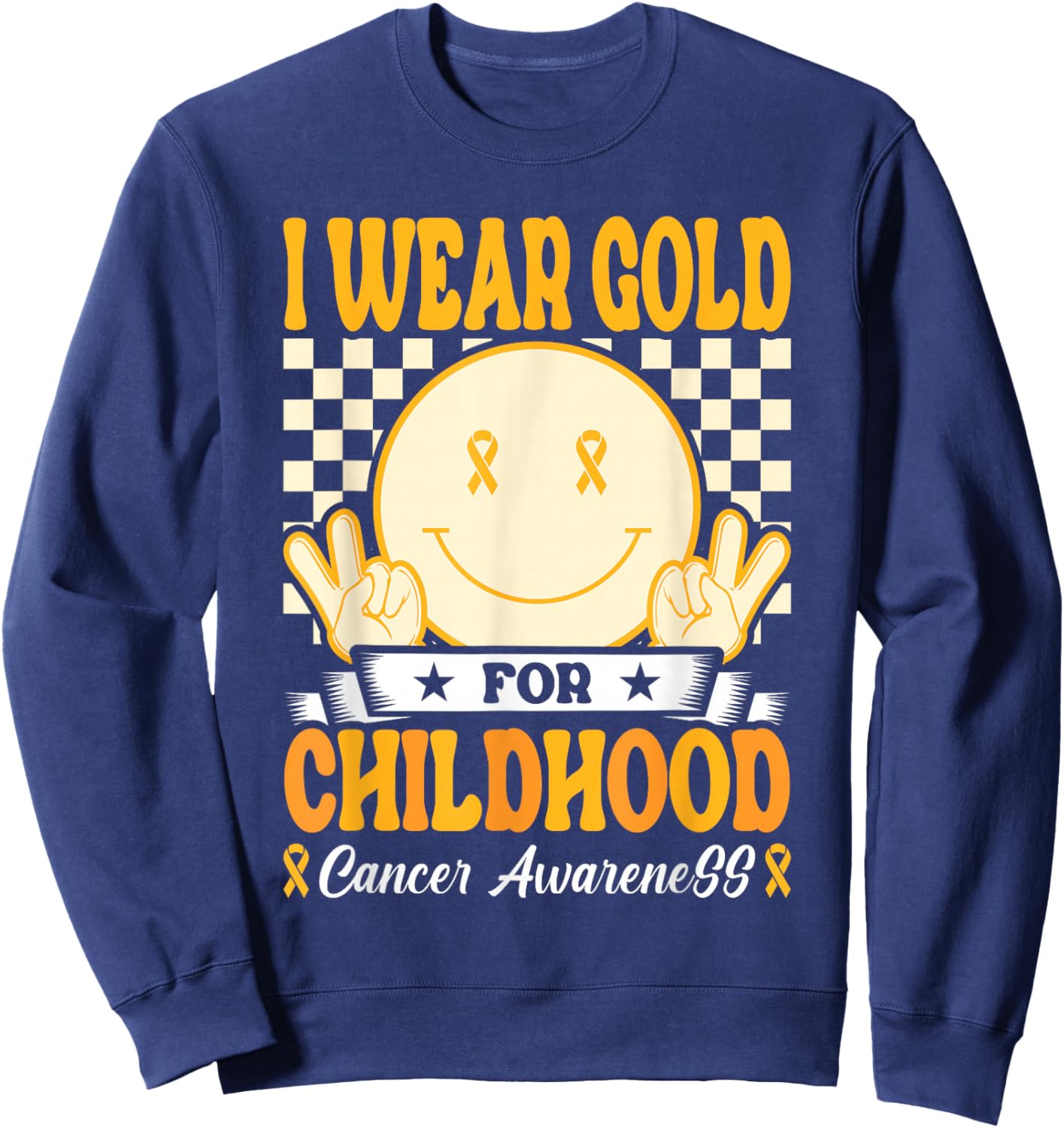I Wear Gold For Childhood Cancer Awareness Boy Kids Groovy Sweatshirt - Sweatshirt | Navy