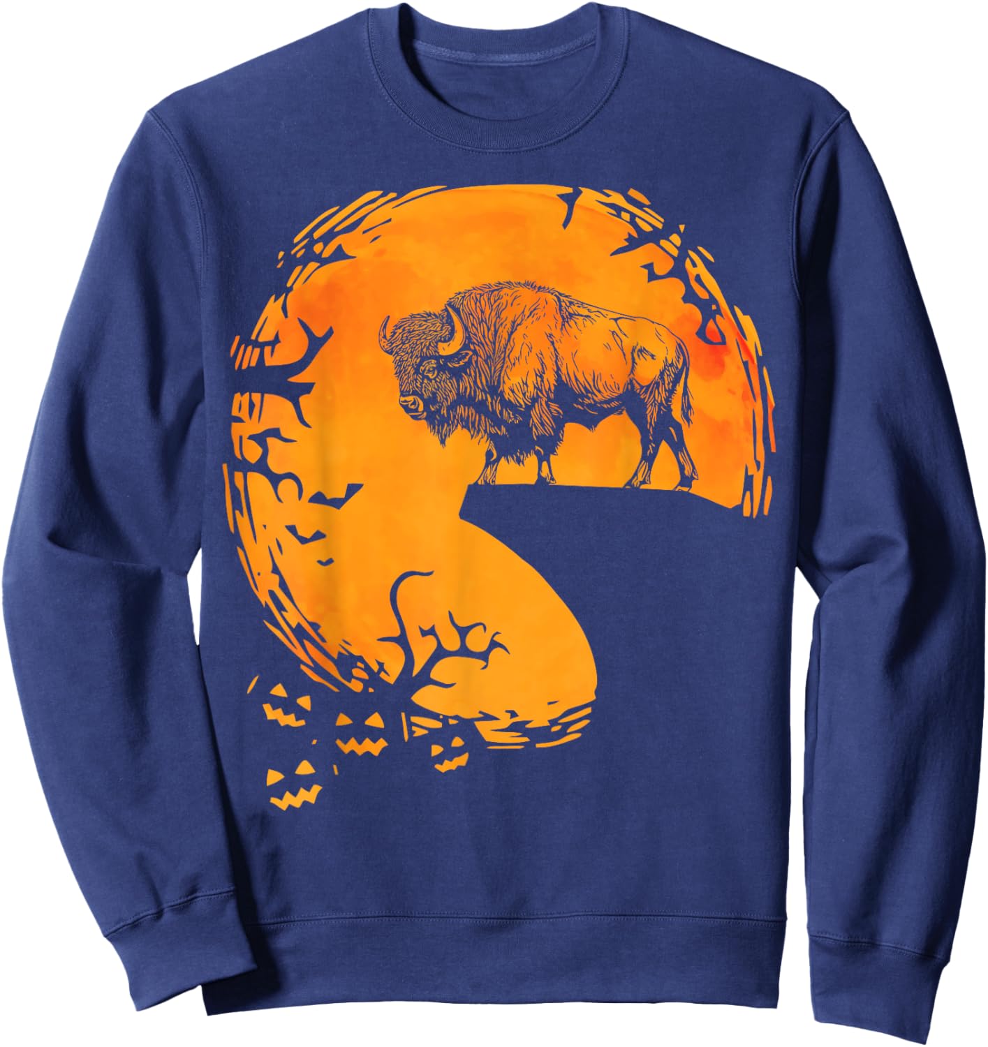 Funny Buffalo Halloween Moon Silhouette Spooky Bison Lover Sweatshirt - Sweatshirt | Navy