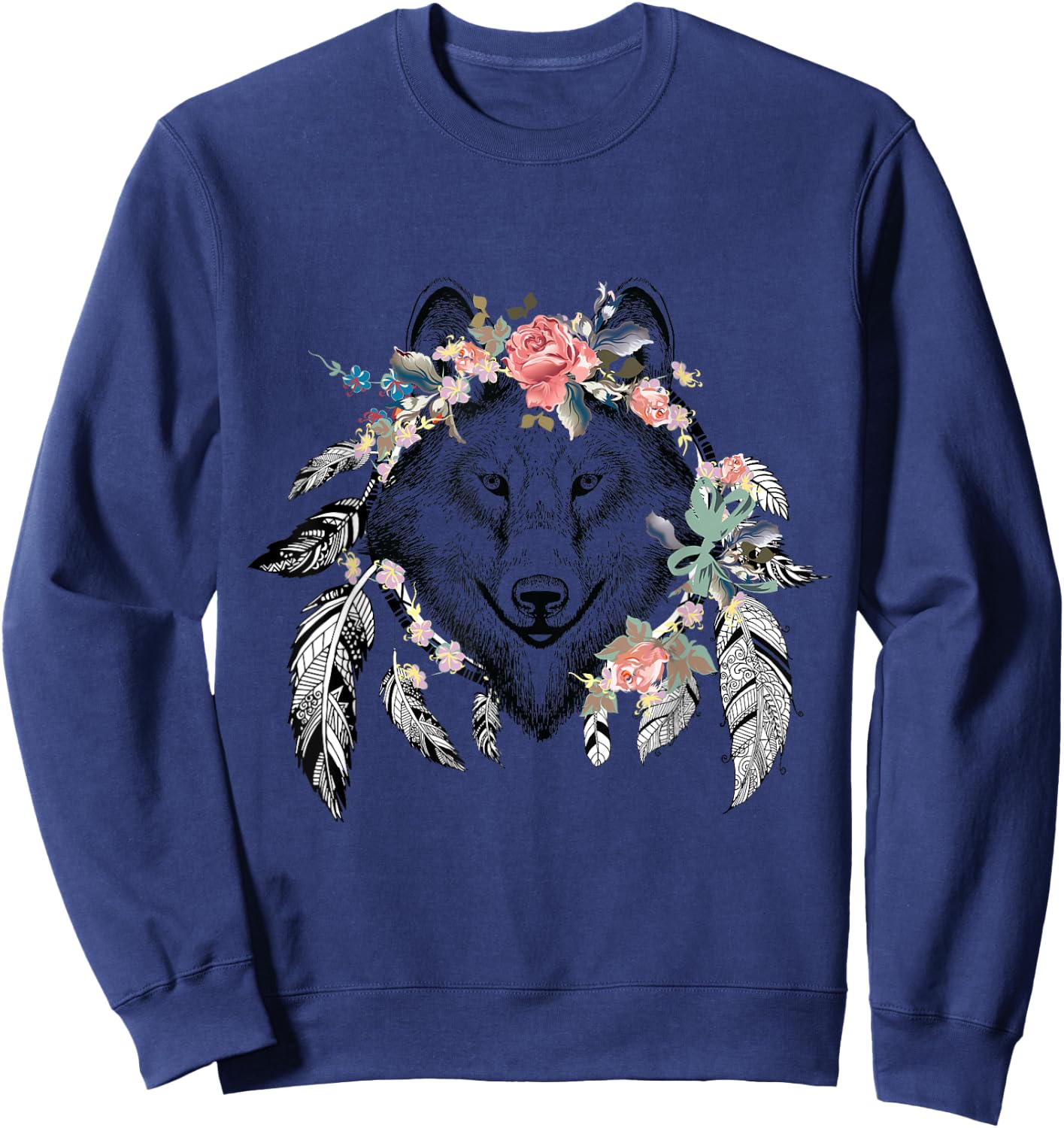 Ethnic Tribal Wolf Head Boho Feather Native American Hippie Sweatshirt - Sweatshirt | Navy