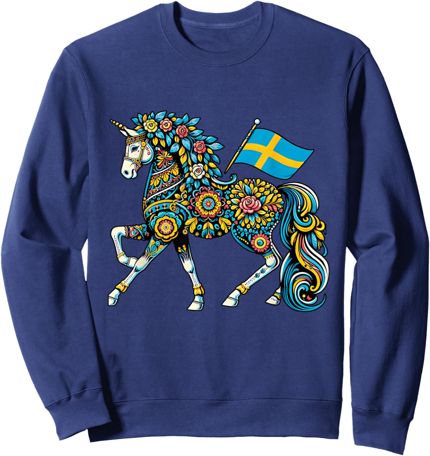 Swedish Dala Horse Folk Art Sweden Flag Dalahelmsoljd Horse Sweatshirt - Sweatshirt | Navy