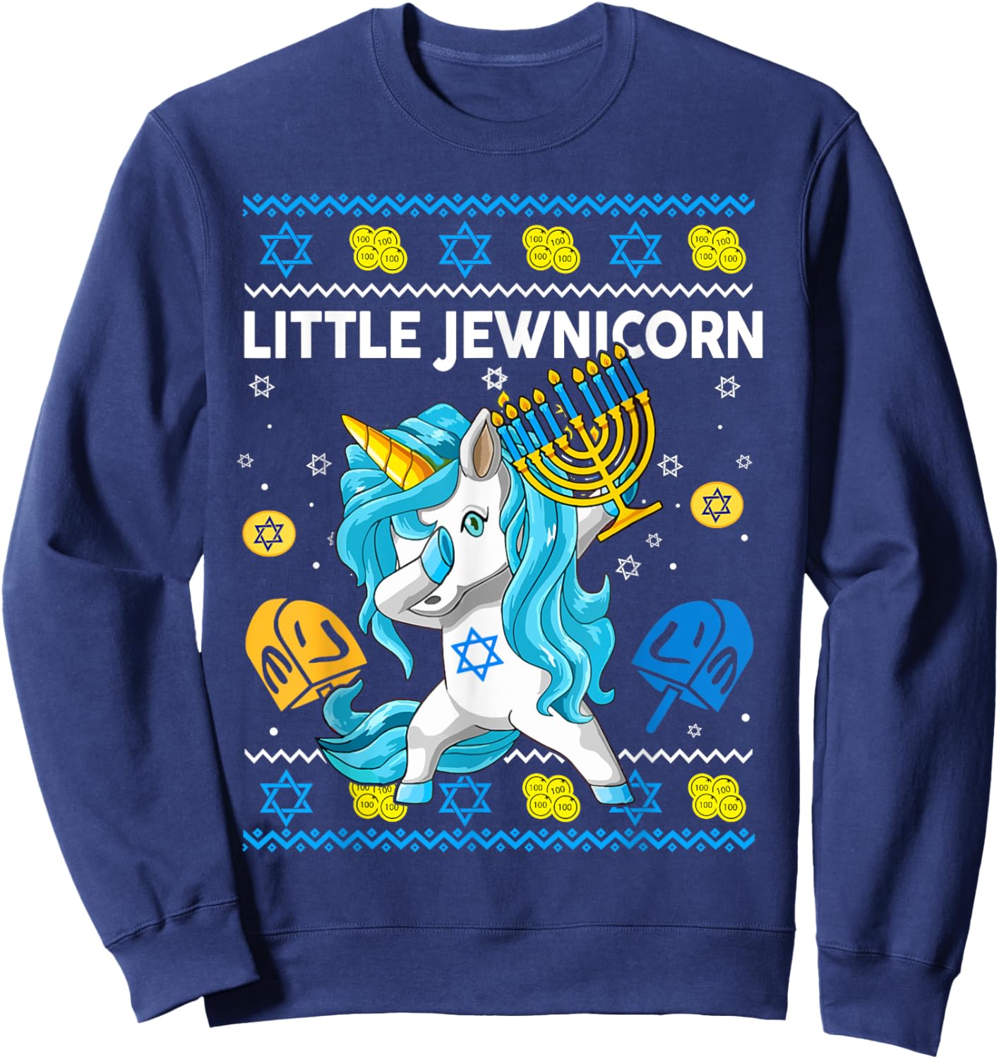 Ugly Hanukkah Sweater Little Jewnicorn Unicorn Toddler Girl Sweatshirt - Sweatshirt | Navy