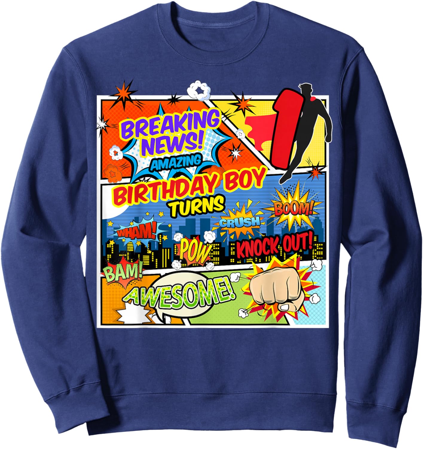 1st Birthday Boy Superhero Comic Book Theme 1 Years Old Sweatshirt - Sweatshirt | Navy