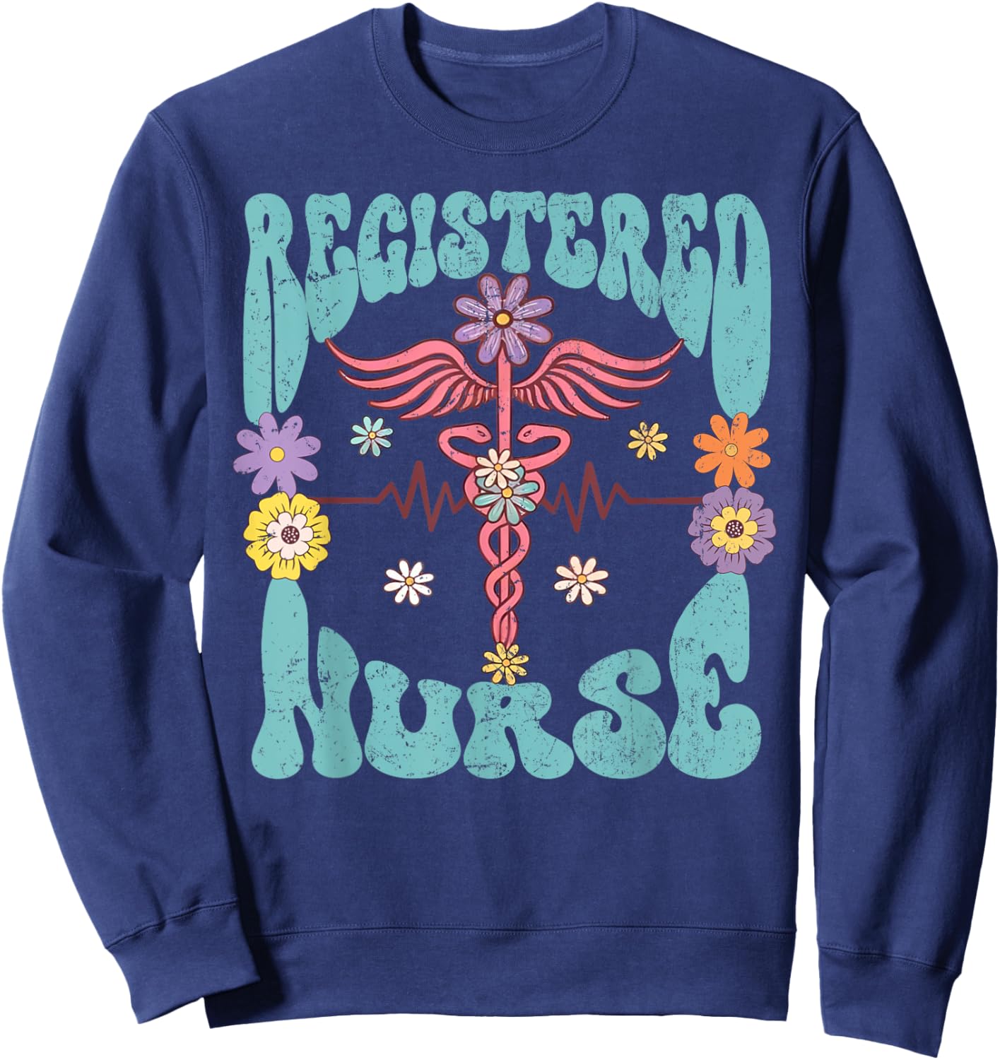 Registered Nurse Retro Groovy Floral RN Nursing Staff Gifts Sweatshirt - Sweatshirt | Navy