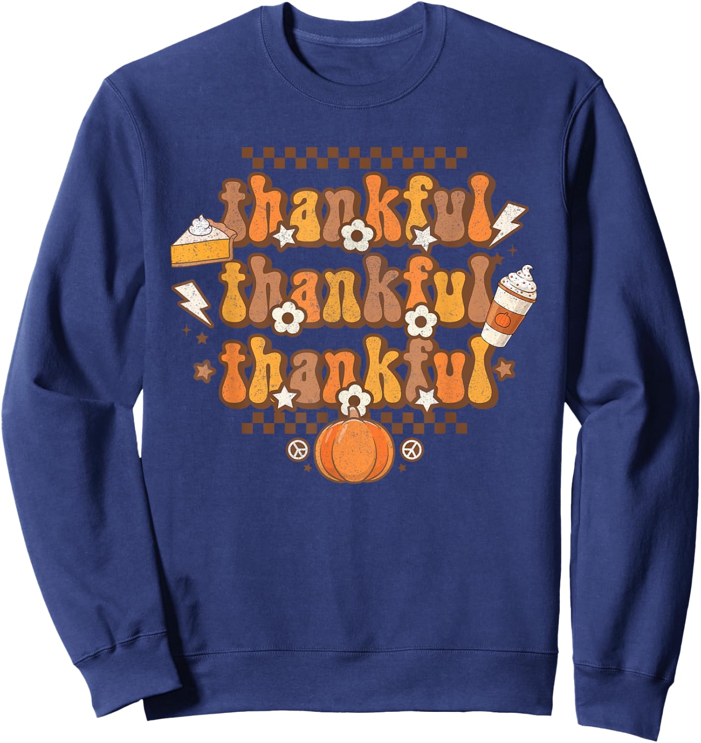 Retro Thankful Thanksgiving Fall Vibes Groovy Pumpkin Pie Sweatshirt - Sweatshirt | Navy