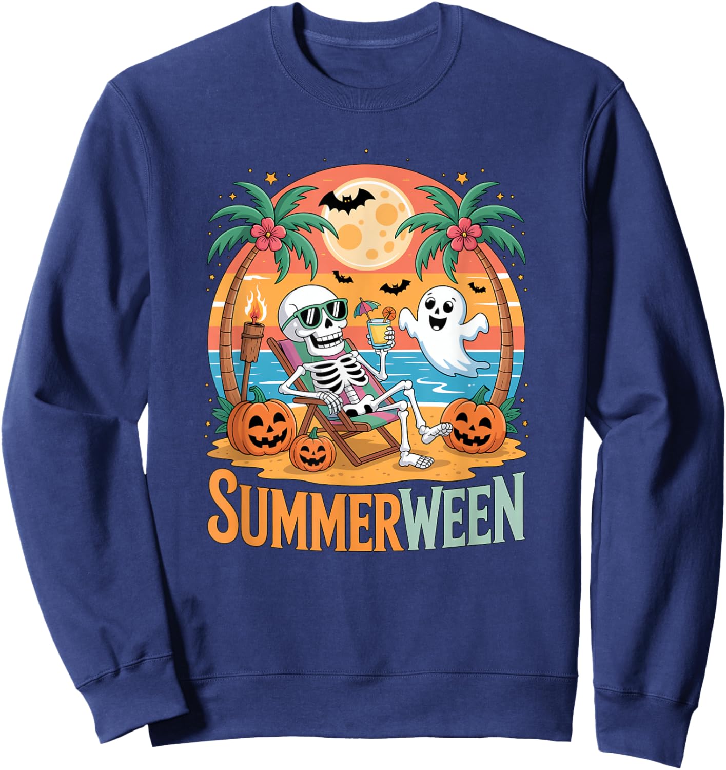 Summerween Skeleton Ghost Beach Halloween Summer Scary Fun Sweatshirt - Sweatshirt | Navy