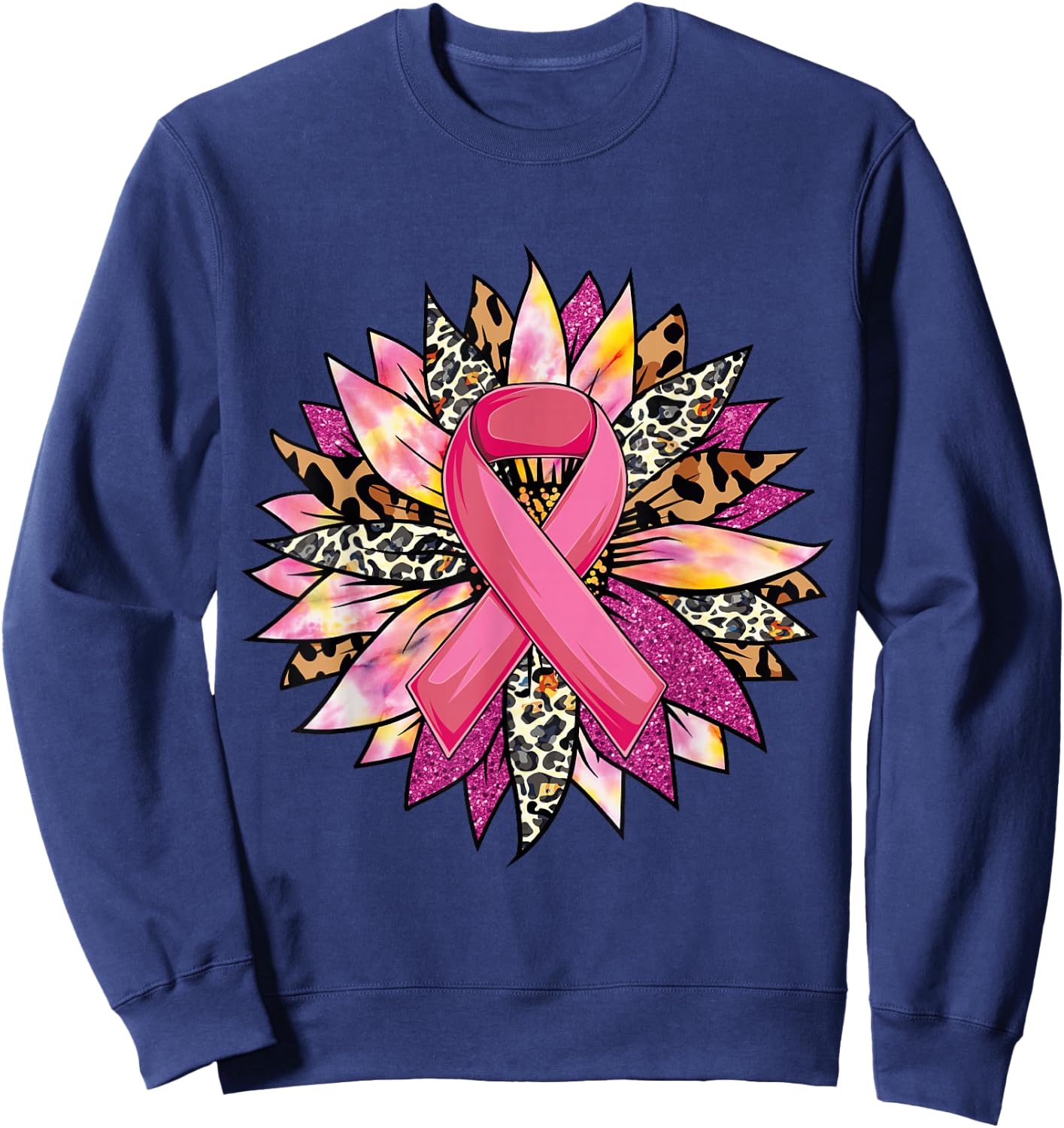 Sunflower Breast Cancer Awareness Leopard Sunflower Ribbon Sweatshirt - Sweatshirt | Navy