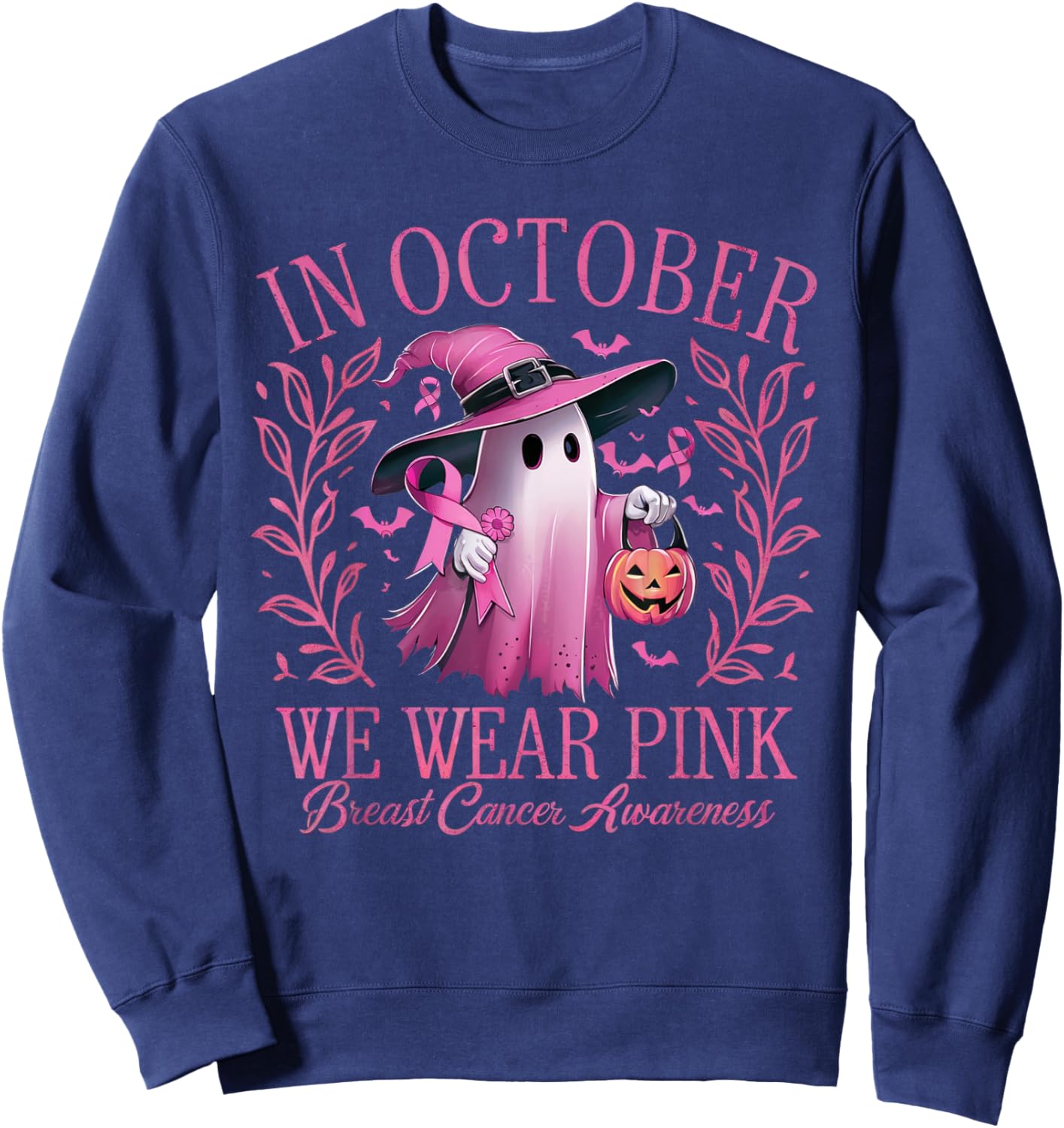 In October We Wear Pink Breast Cancer Awareness Halloween Sweatshirt - Sweatshirt | Navy
