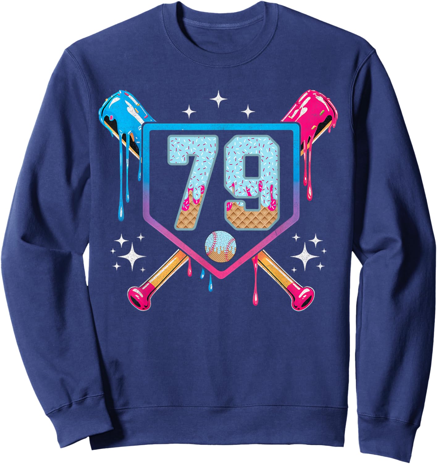 Baseball 79 Year Old Ice Cream Drip 79th Birthday Number 79 Sweatshirt - Sweatshirt | Navy