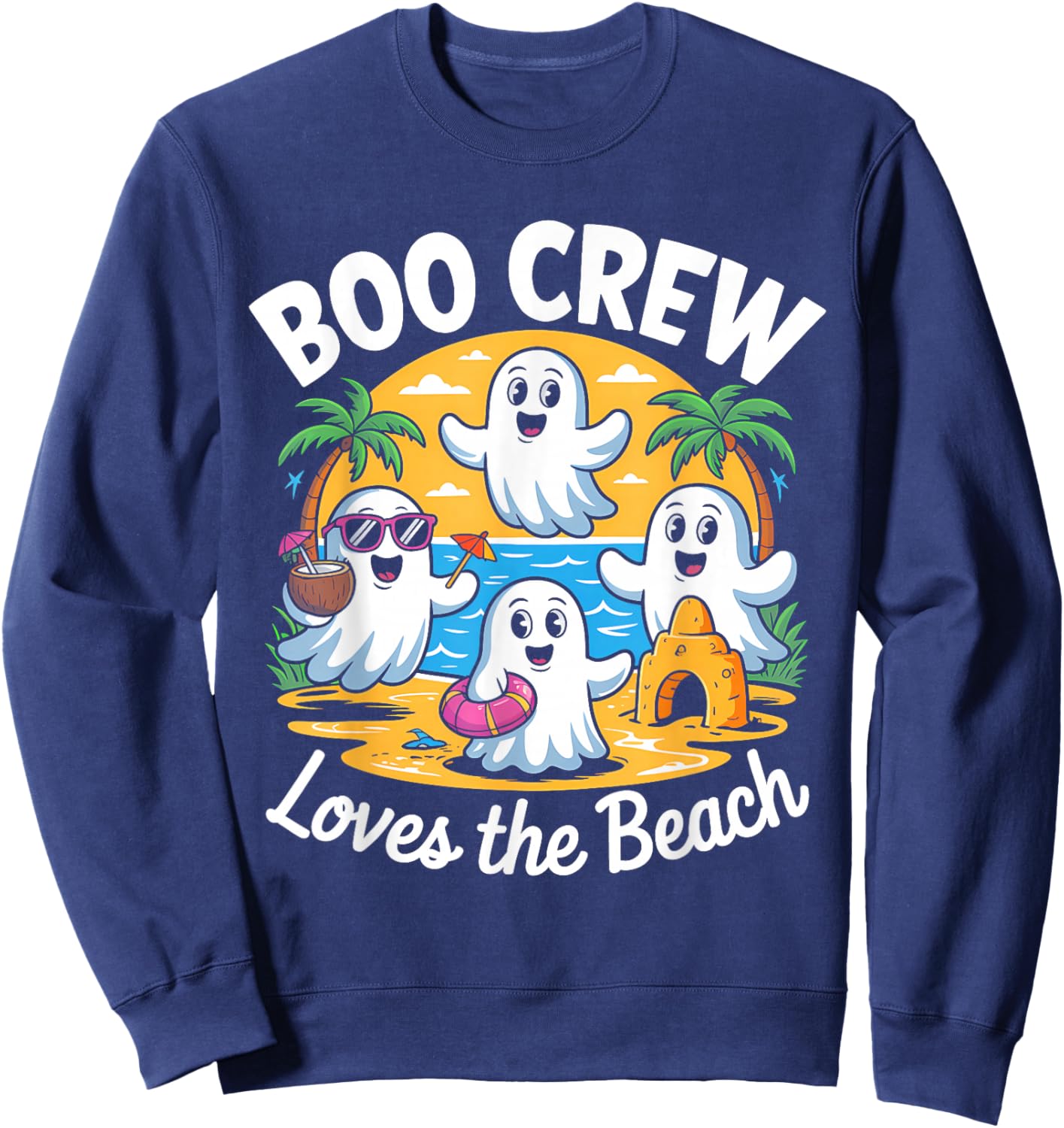 Cute Summerween Ghost Funny Beach Halloween Sweatshirt - Sweatshirt | Navy