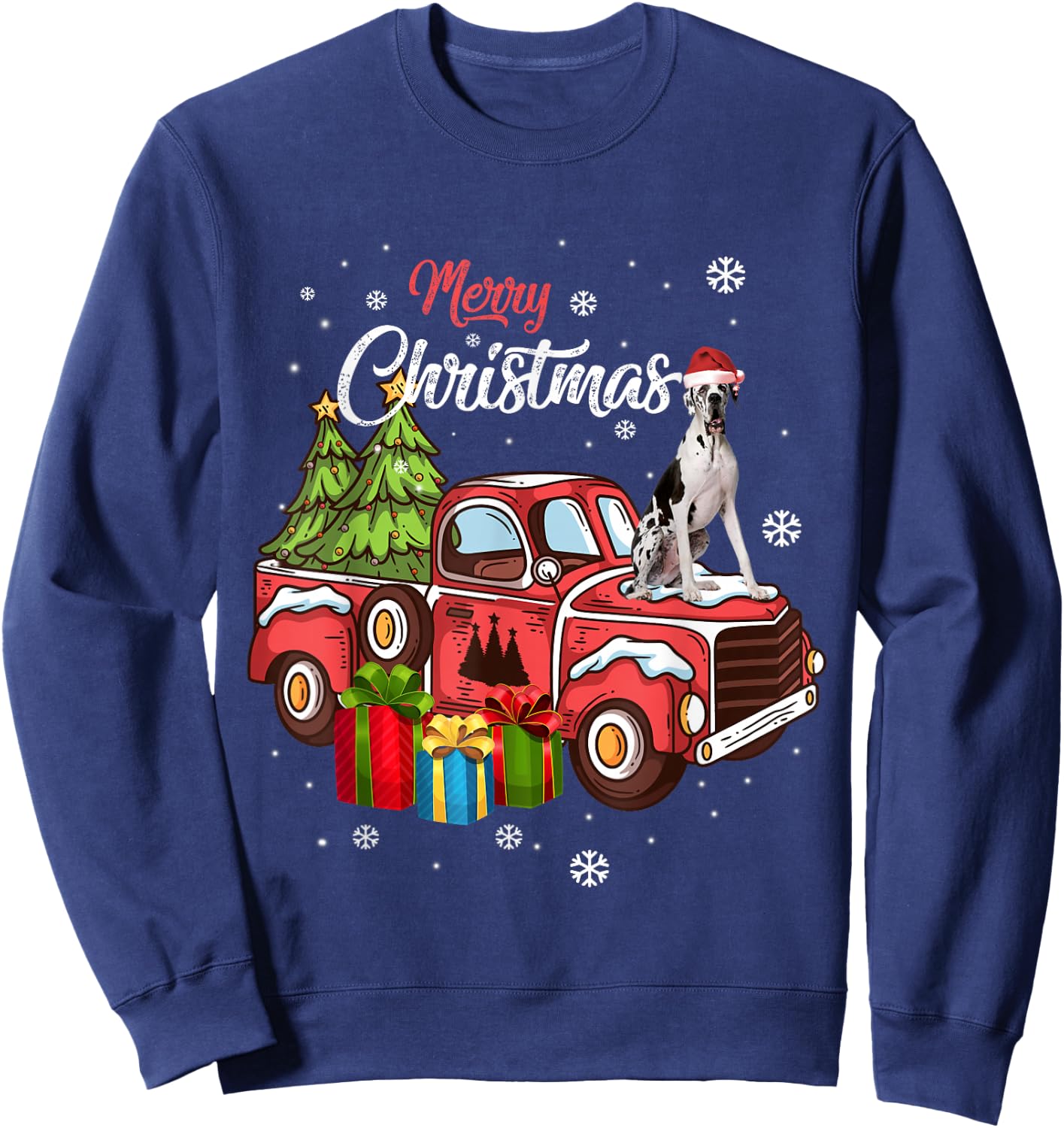 Great Dane Riding Red Truck Xmas Merry Christmas Sweatshirt - Sweatshirt | Navy