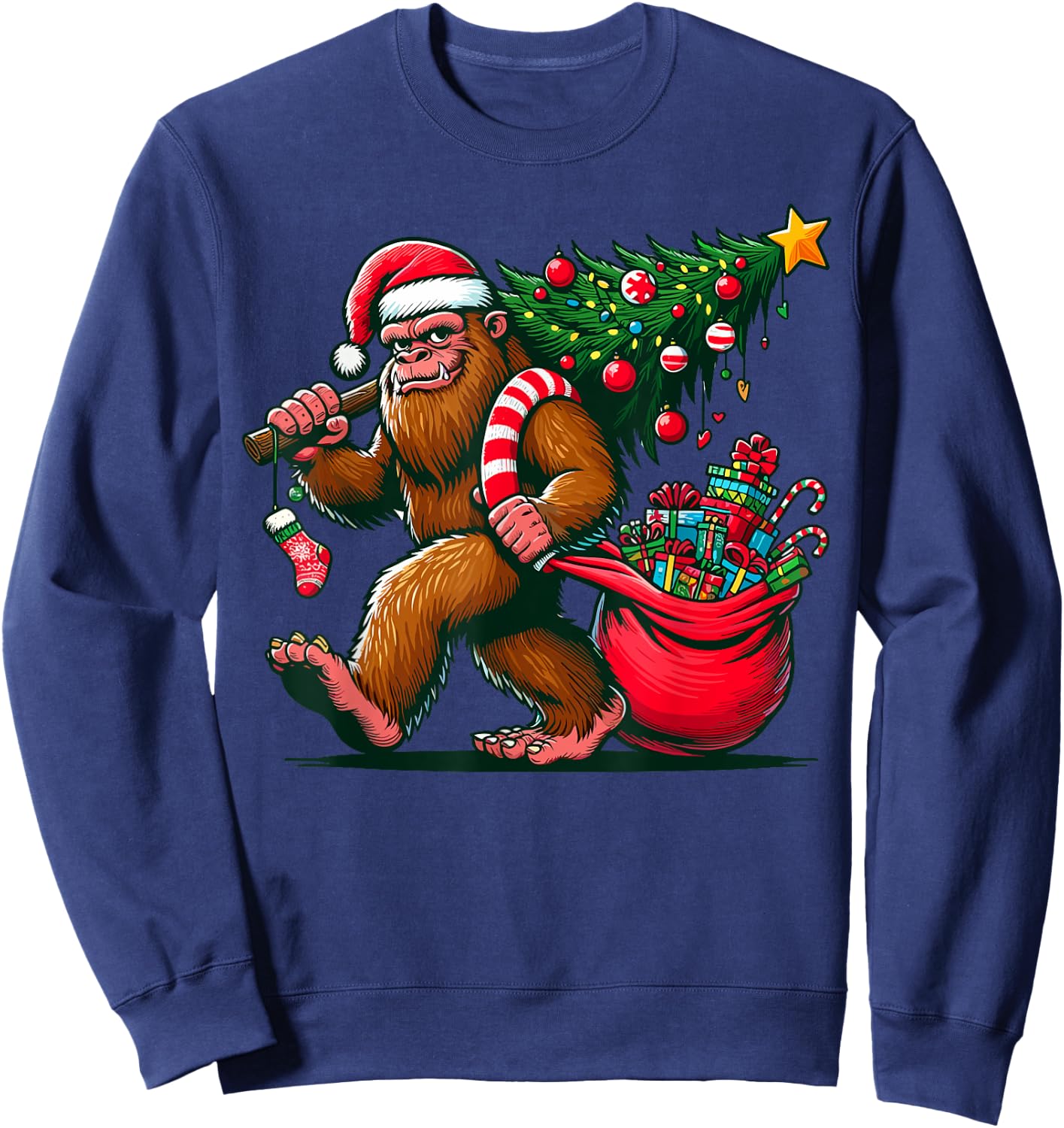 Bigfoot Christmas Tree Lights Xmas Sasquatch - -Adults, Kids - Blue - Small - Short Sleeve - - Cartoon Pattern - Winter Sweatshirt - Sweatshirt | Navy