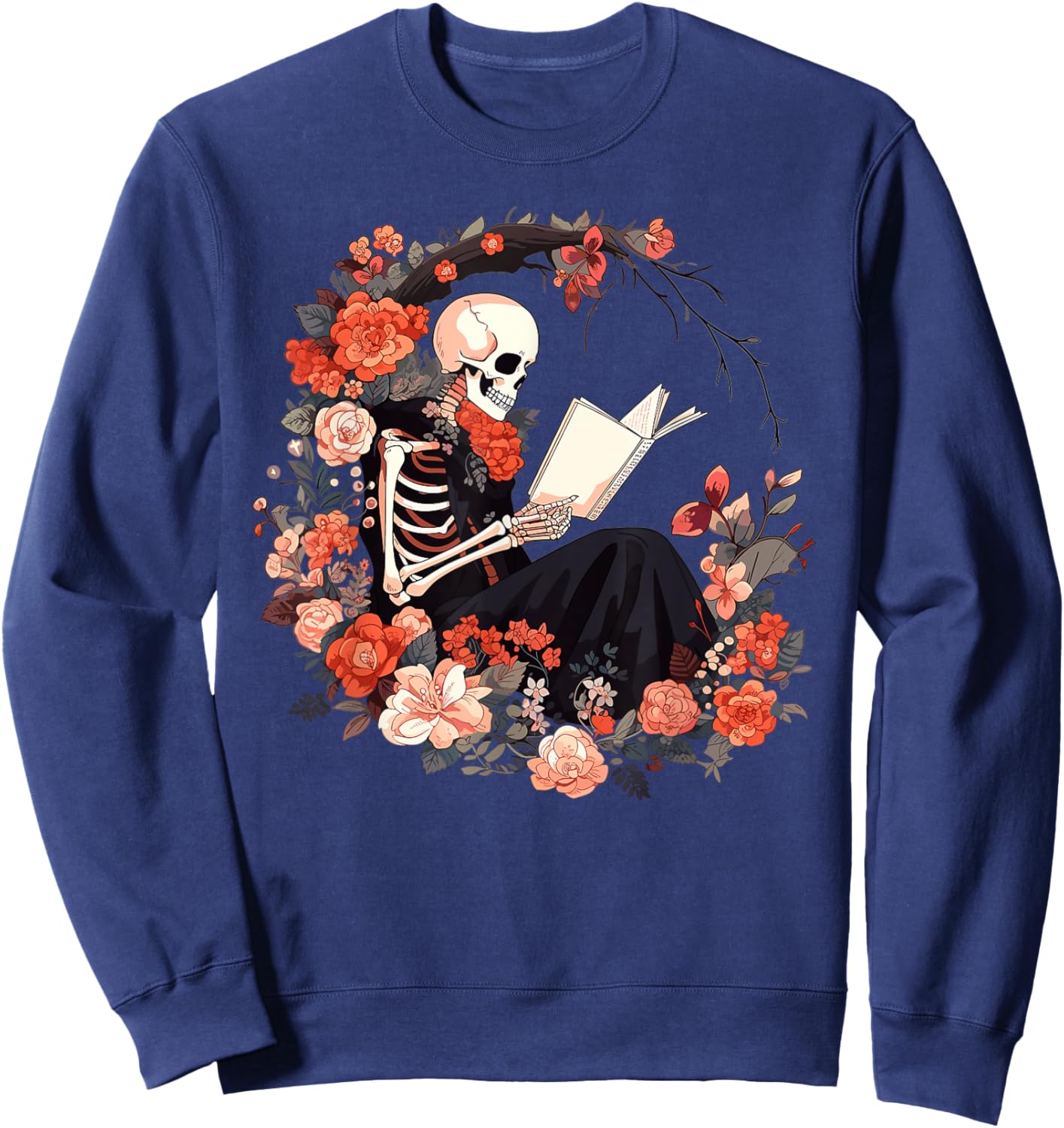 Skeleton Reading Book Lover Floral Flowers Bookish Bookworm Sweatshirt - Sweatshirt | Navy