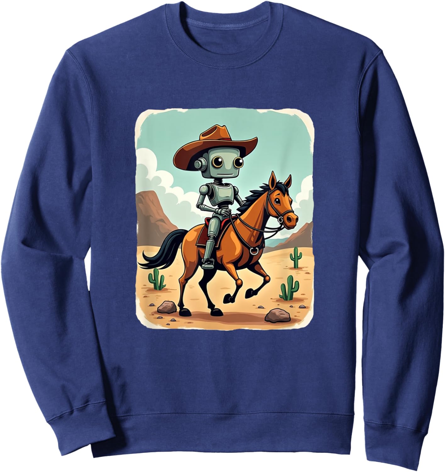 Funny Robot Cowboy Riding Horse Futuristic Western Theme Sweatshirt - Sweatshirt | Navy